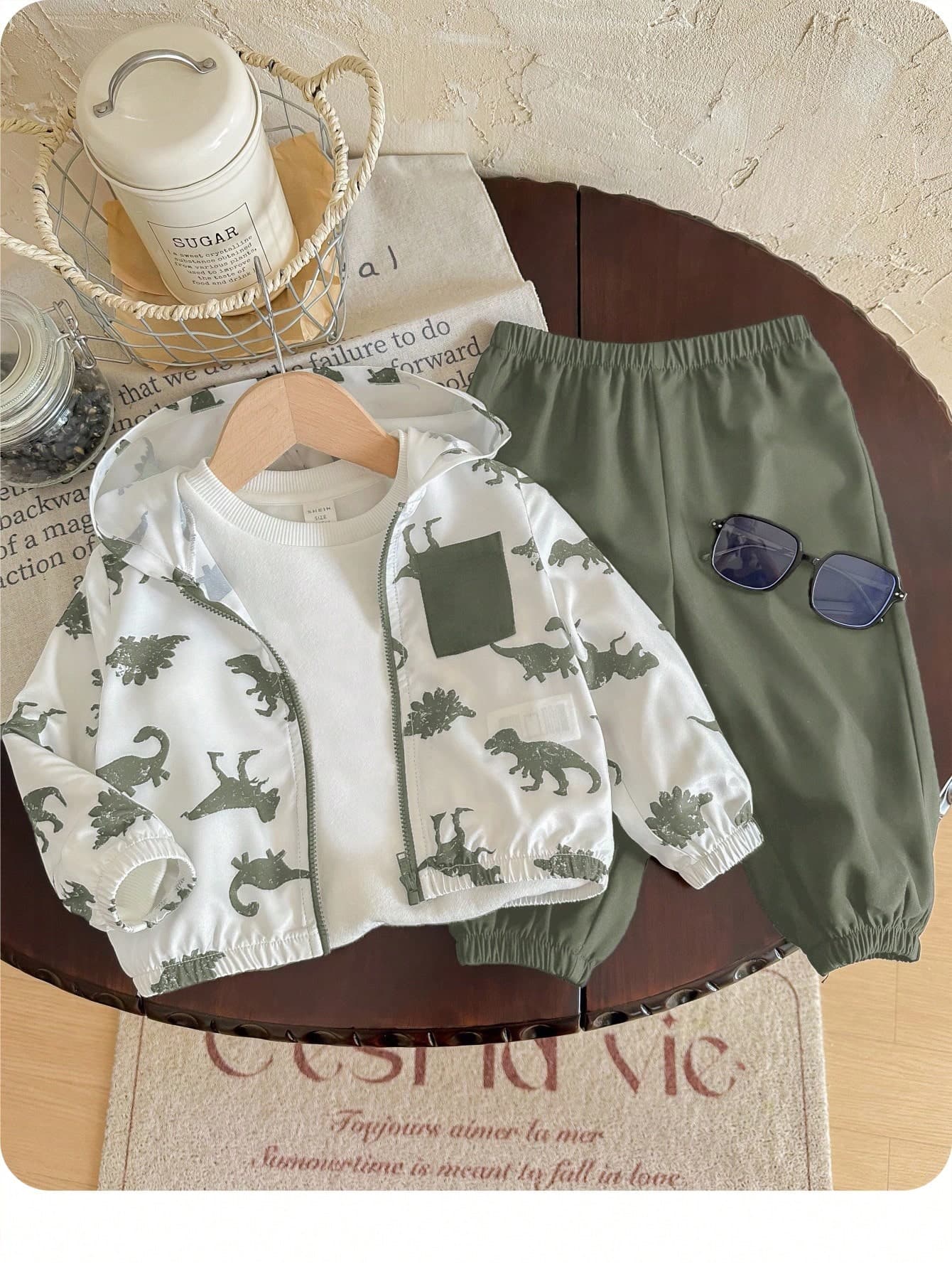 Baby Boys Girls White Cute Cartoon Dinosaur Print Hooded Lightweight Jacket And Pants 2 Pieces Set,Autumn Vacation Outdoor Outfits For Spring Summer