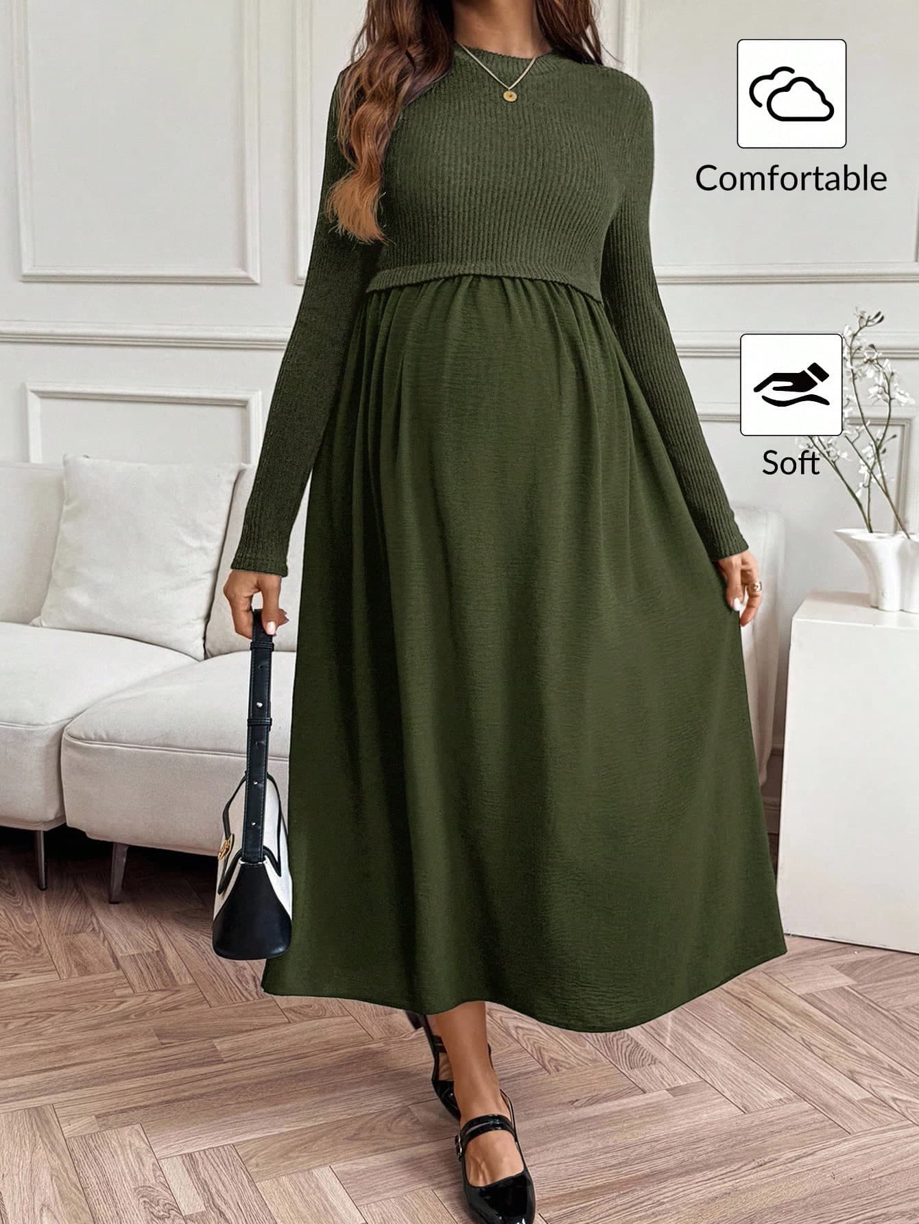 SHEIN Maternity Solid Color Round Neck Long Sleeve Casual Dress Nursing For Pregnant Women Bump Friendly Green Modest Fall