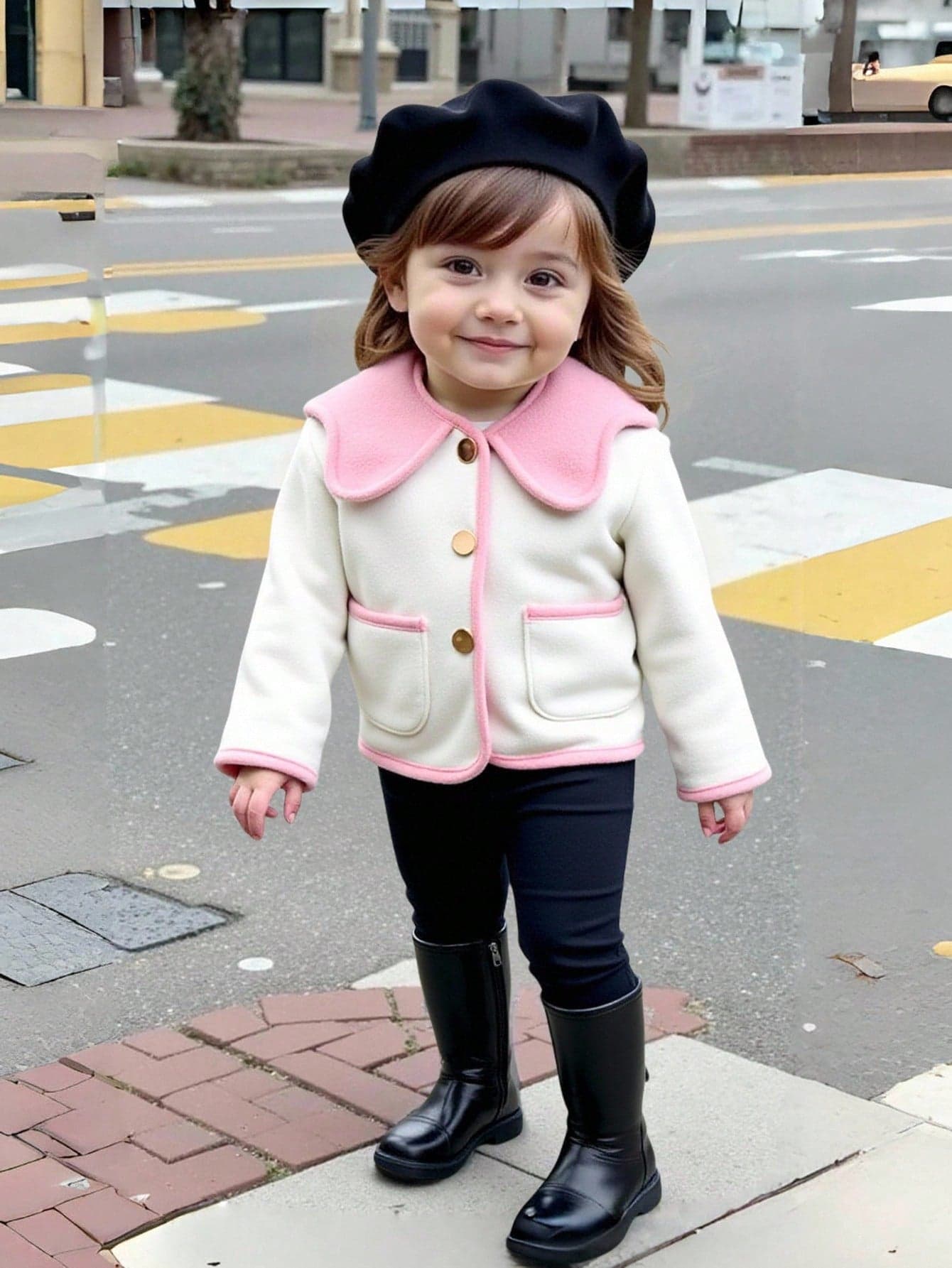 SHEIN Baby Girls/Toddlers Coat, Pink Collar & Pocket Design, Classic Retro Style For Autumn/Winter