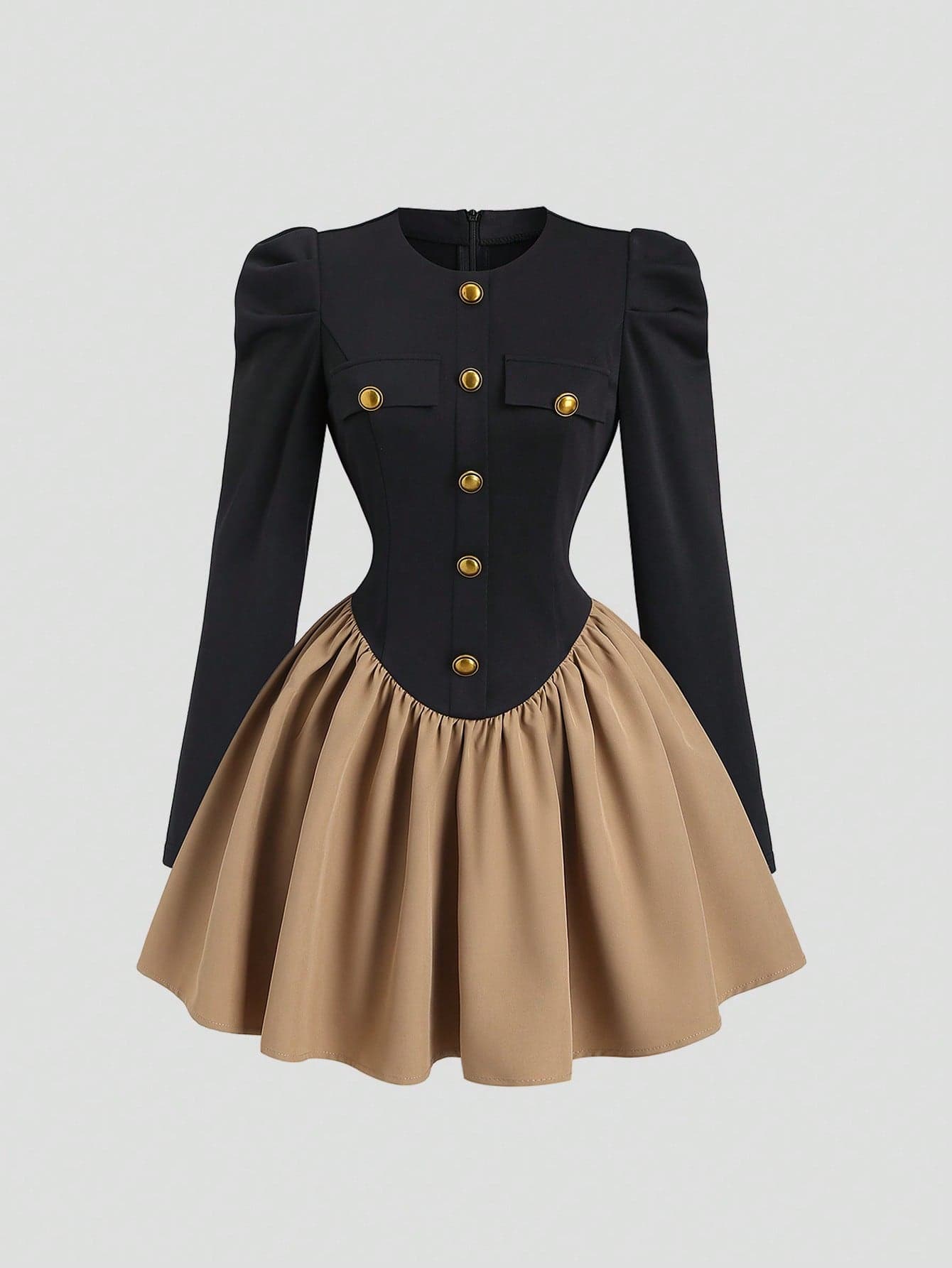 Sweetra Women's New Spring/Autumn Commute Daily Outing Elegant Bronze Metal Buckle Puff Sleeve Waist Contrast Color Splice Suit Dress Skirt