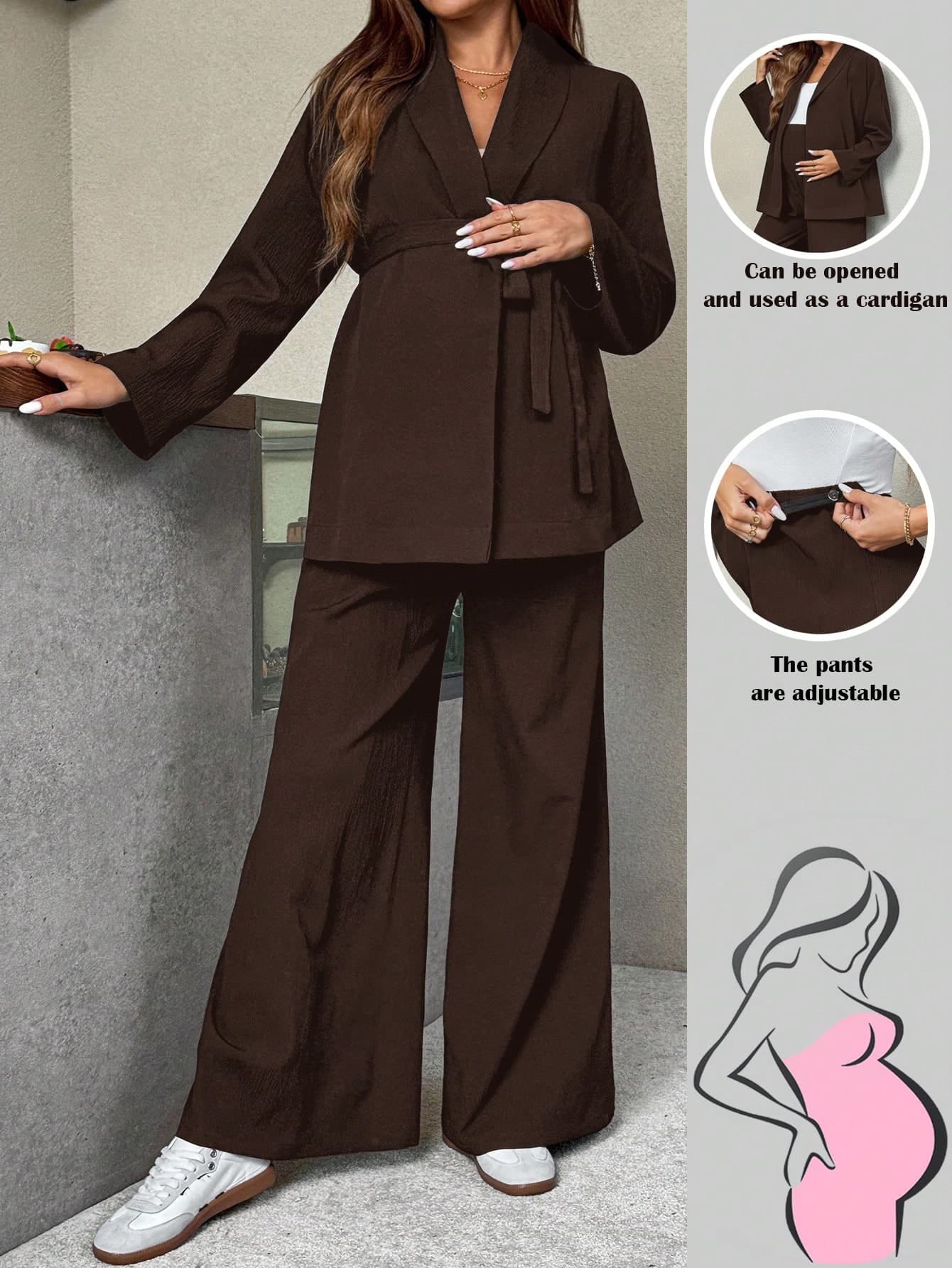 SHEIN 2pcs Maternity Casual Commuter Solid Color Shirt And Pants Set, Autumn Wide Leg Suits For Woman Clothes Two Piece Suit Fall