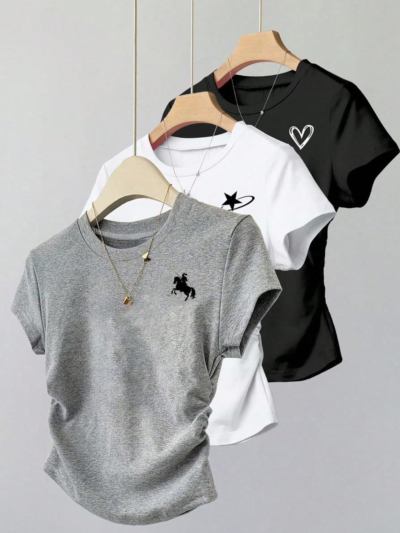 INAWLY 3-Pack Women's Blackwhiteand Gray Summer Casual Printed T-Shirts, Horse, Star, And Heart Patterns, Back-To-School Slim Fit, Comfortable For Daily Wear