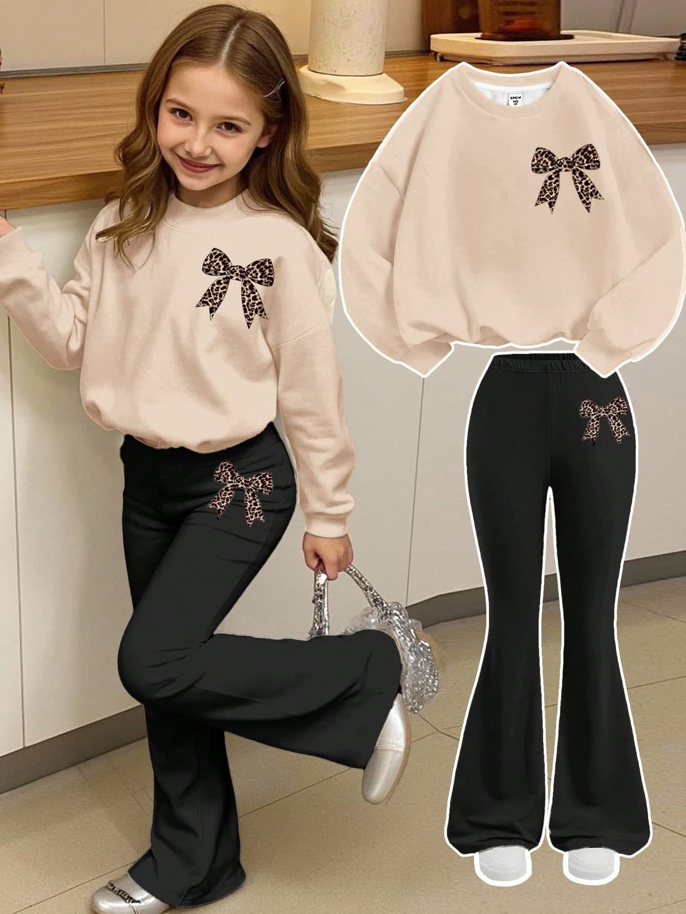 SHEIN Happikins Cute Leopard Bow Print Tween Girl 2 Piece Set,Black Autumn Back-To-School Loose Letter Sweatshirt & Flare Pants,School Casual Outfit,150