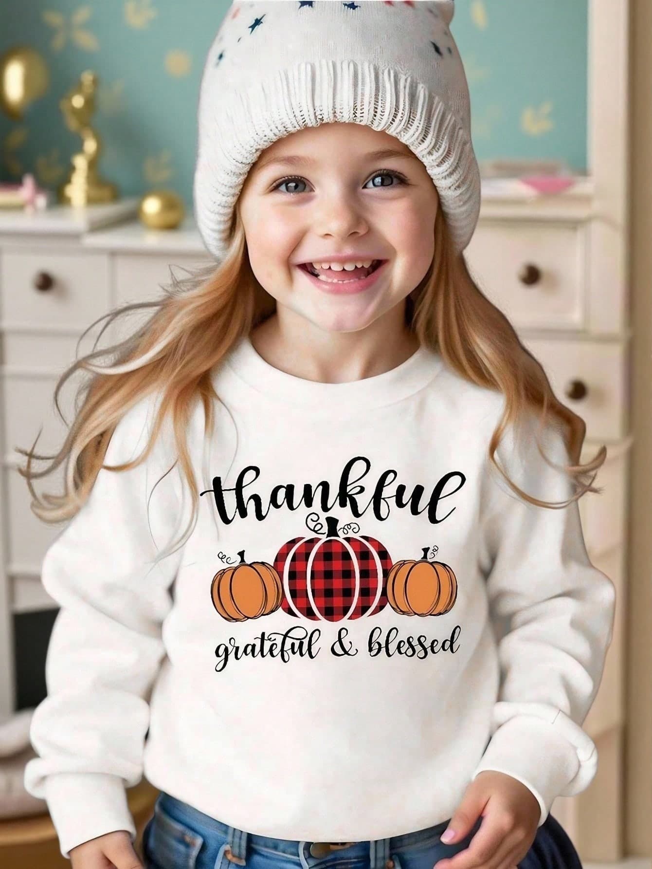 Young Girl Pumpkin & Letter Print Long Sleeve Crew Neck Fleece Sweatshirt,Autumn Fall Fashion Kitty Love Fleece Sweatshirt