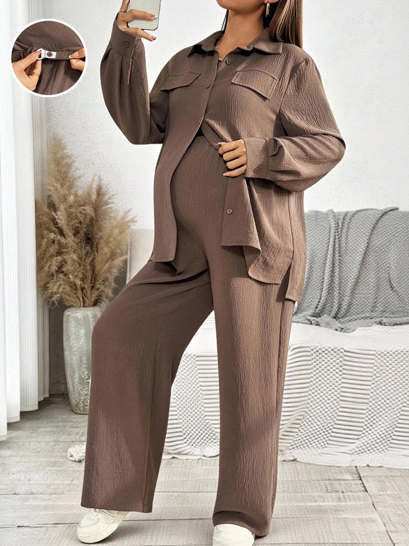 SHEIN 2pcs Maternity Set: Solid Color Long Sleeve Button-Up Shirt And Adjustable Waist Pants, Casual Fall
