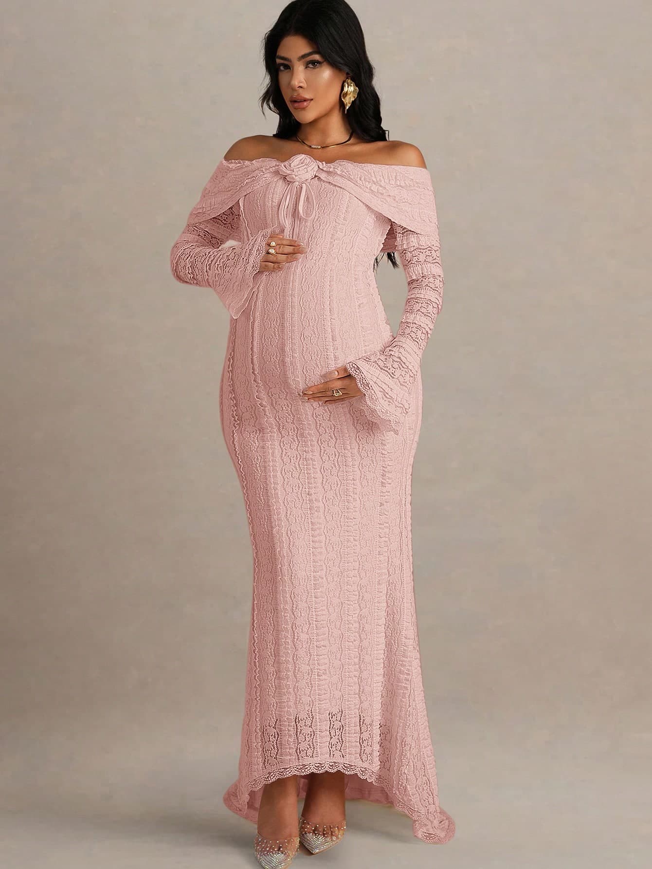 MaterniChic Maternity Off Shoulder Long Sleeve Flare Solid Color Elegant Bodycon Maxi Dress With 3D Floral Decor Lace Pregnancy For Photoshoot Baby Shower Fall
