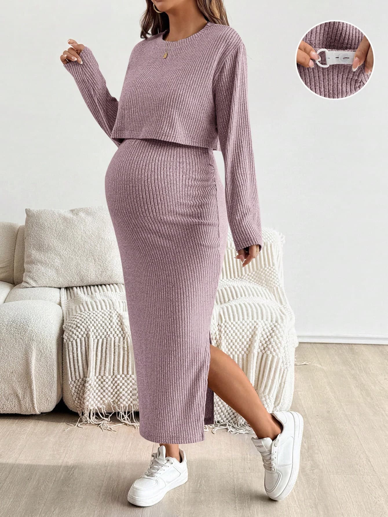 SHEIN Maternity Solid Color Round Neck Short Sleeve Top And Skirt 2 Pieces Set Knit Two Piece Modest Lavender Women Comfortable