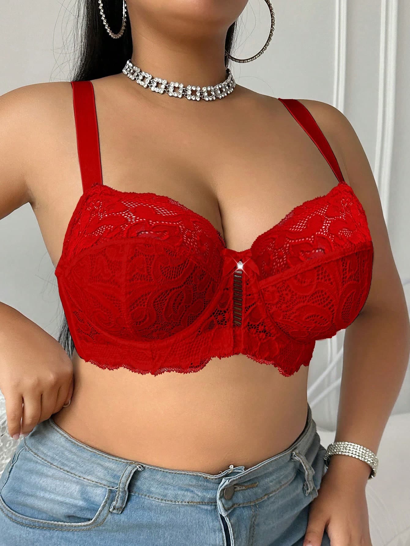 DesireSculpt 1pc Plus Size Christmas Lace Underwire Bra