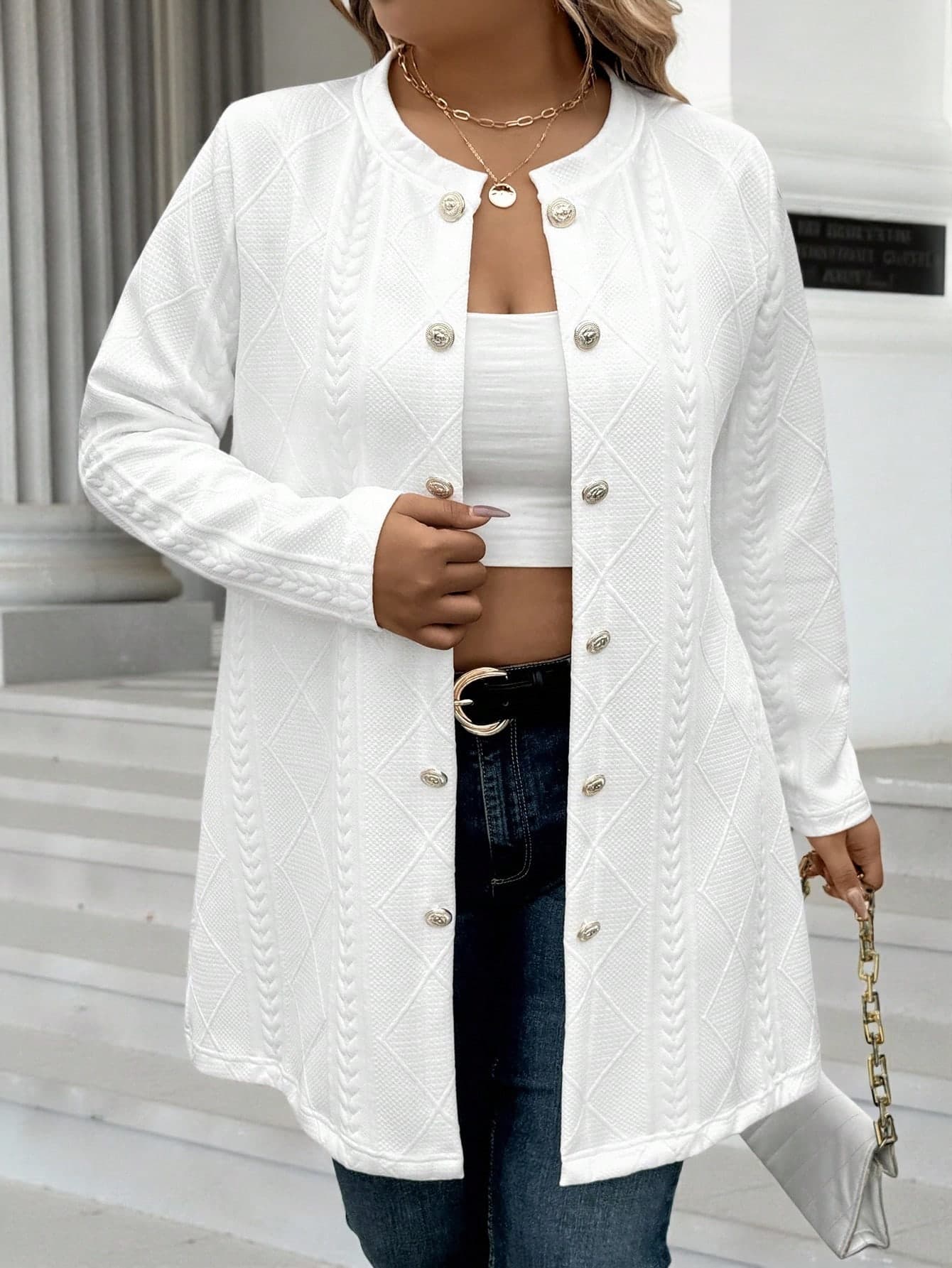 Calvaya Plus Size Women Casual Textured Fabric Solid Color Button Decor Jacket Fall Winter Cloth For Women Autumn