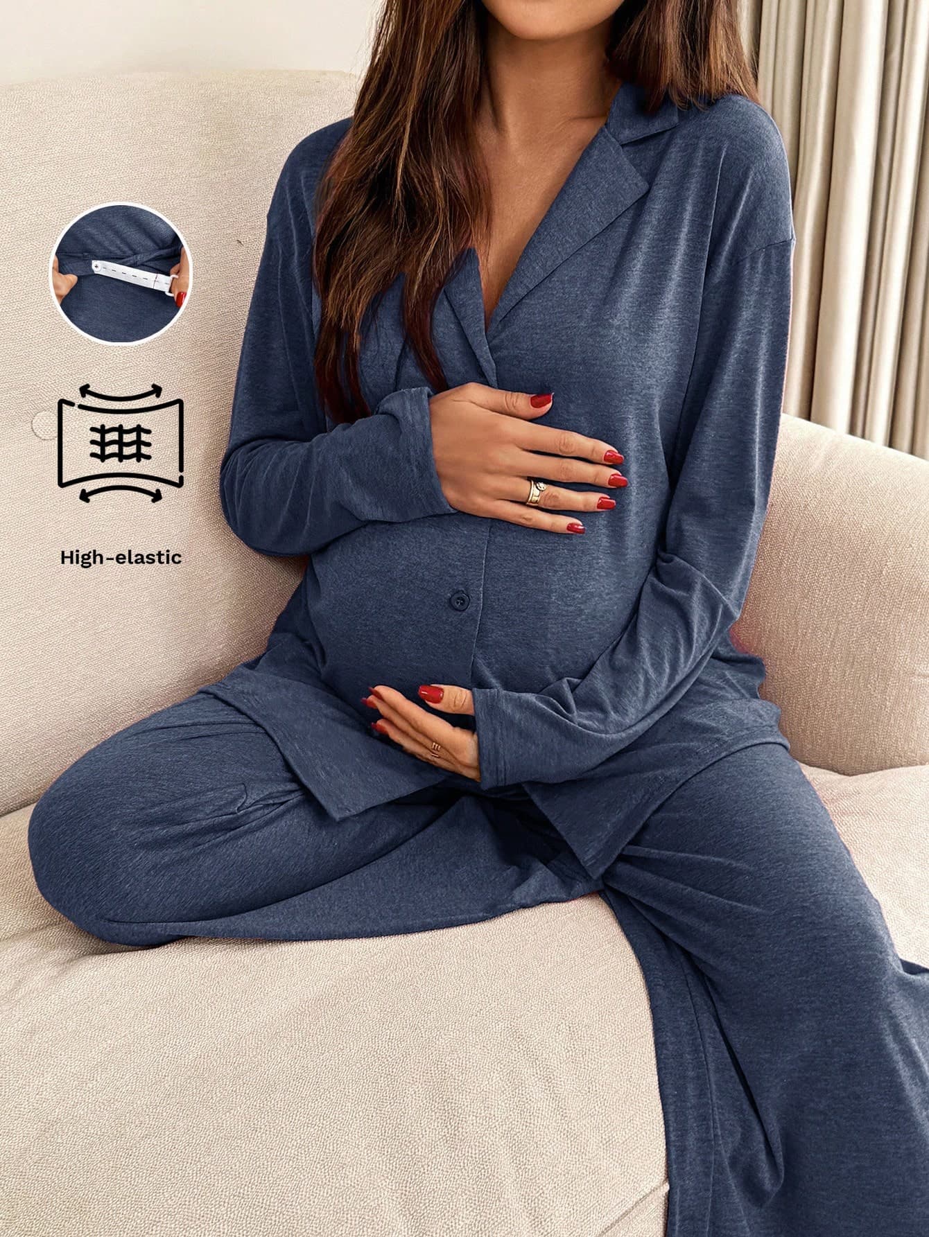 Slowluna 2pcs Maternity Navy Blue Winter Casual Suit For Photoshoot,Solid Color Lapel Neck Long Sleeve Single-Breasted Top And Pants Loungewear Sleepwear Set