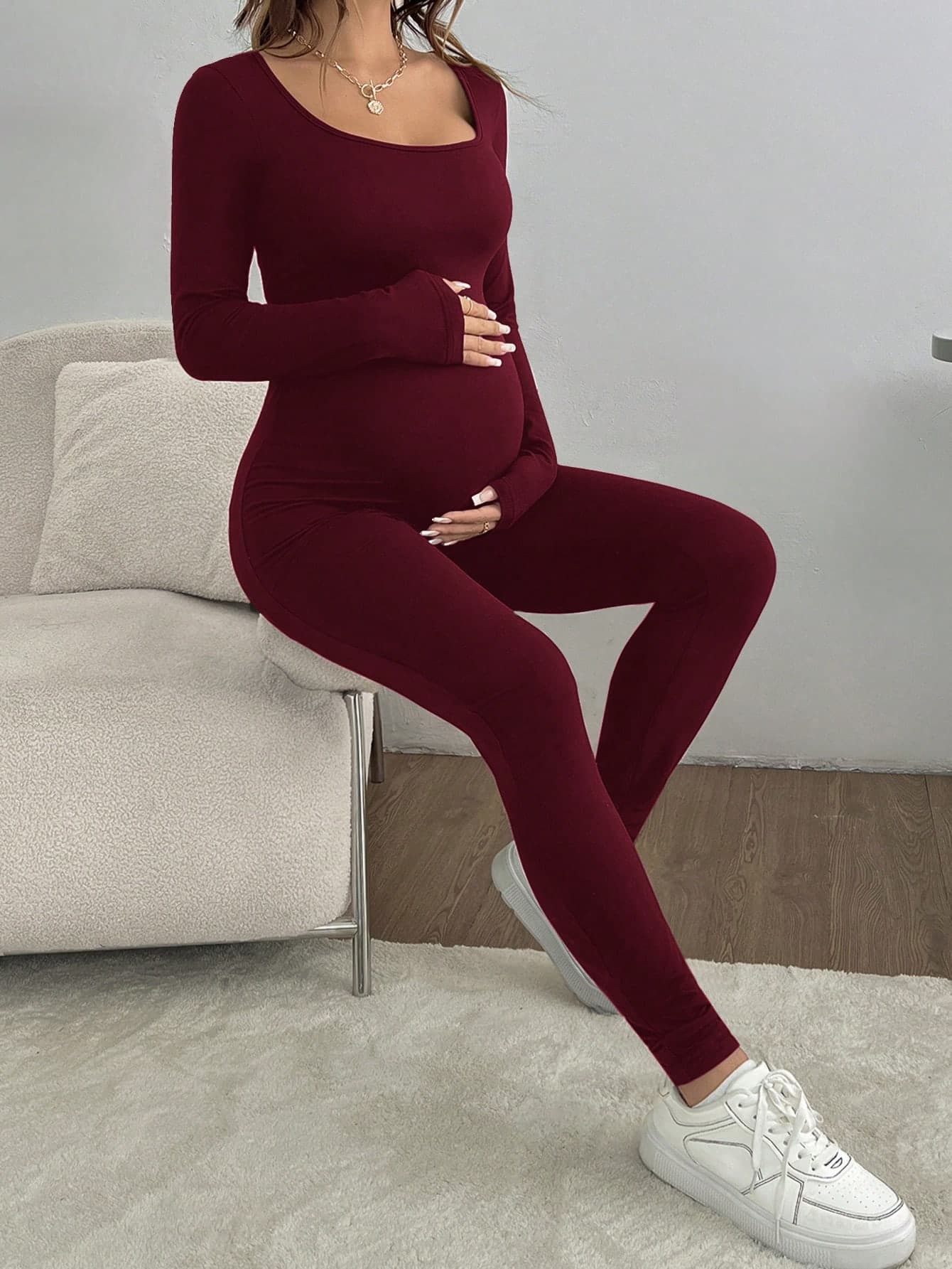SHEIN Pregnant Women's Solid Color Minimalist Maternity Casual Jumpsuit Spring Photoshoot Fall