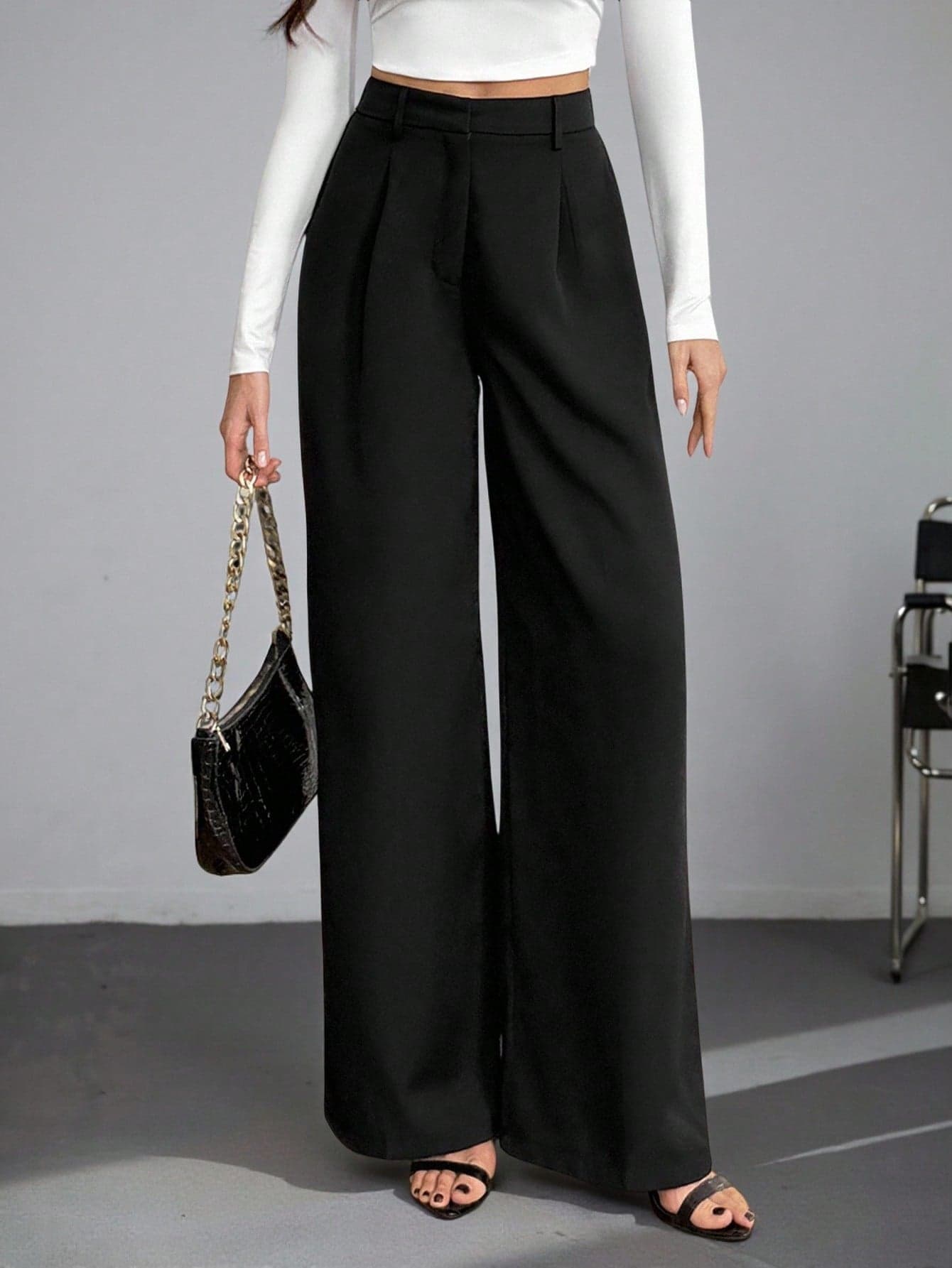 SHEIN Tall Women's Black High Waisted Wide Leg Pants,Elegant Business Casual Work Slacks,Tall Versatile Solid Color Winter Autumn Style Old Money Dress Pants