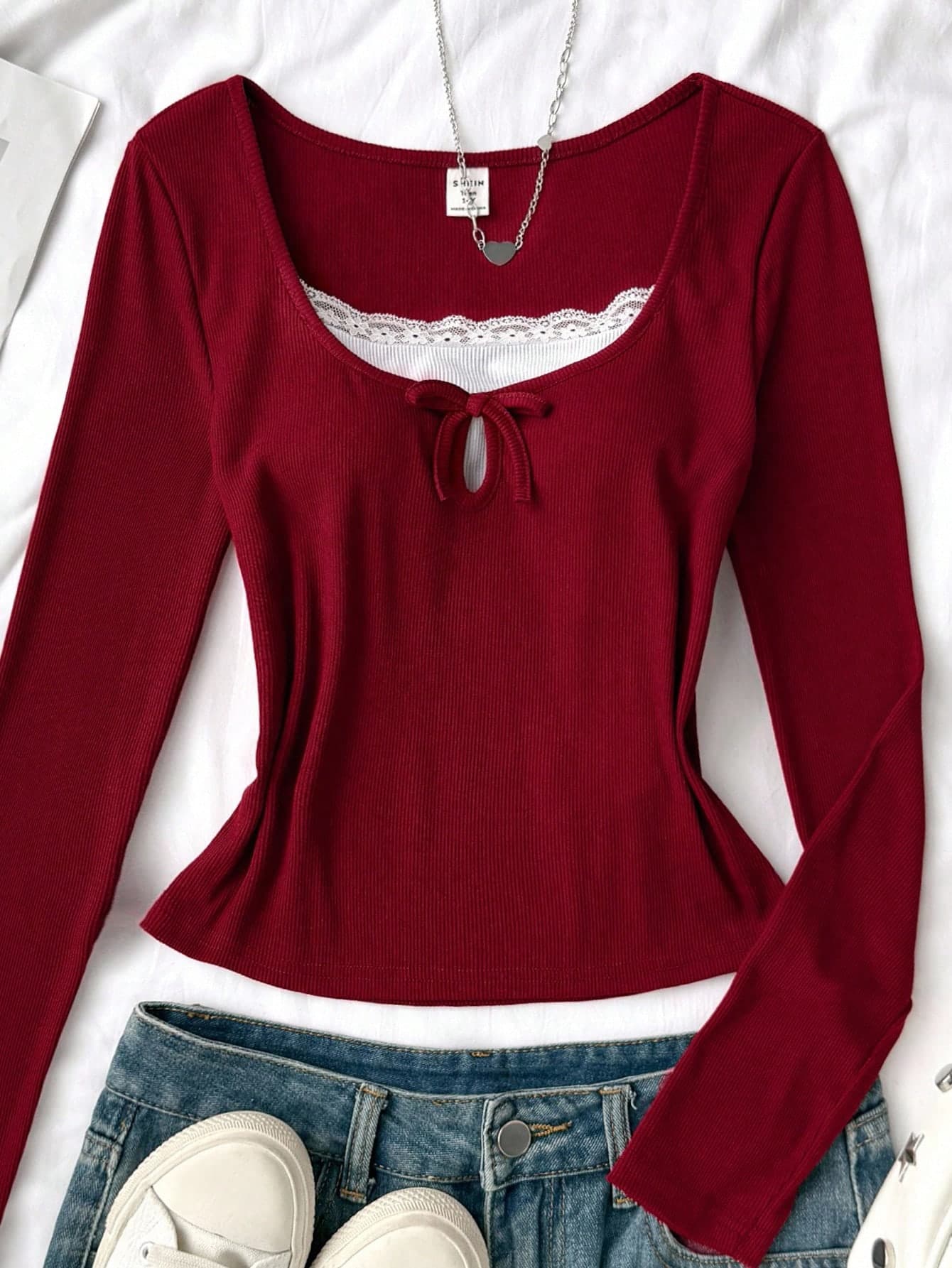 Teenage Girls' Red Contrast Color Lace Collar Fitted Knit Long Sleeve Casual Versatile Streetwear T-Shirt