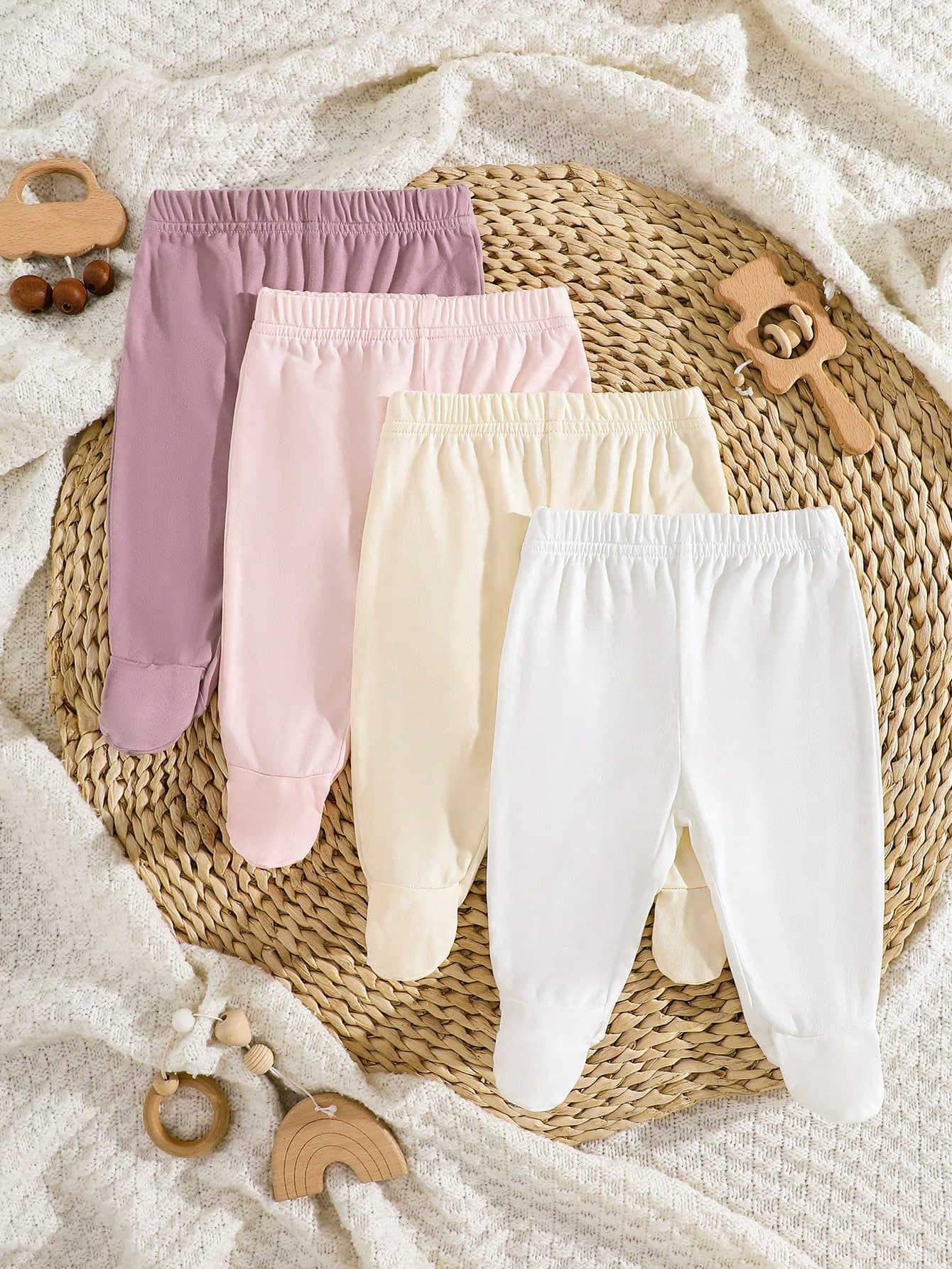 SHEIN 4pcs/Pack Newborn Baby Girls Footie Leggings,Soft Stretchy Ribbed Knit Solid Color White,Pink,Black,Gray Comfortable Fit Pants,0-3 Months Daily Wear