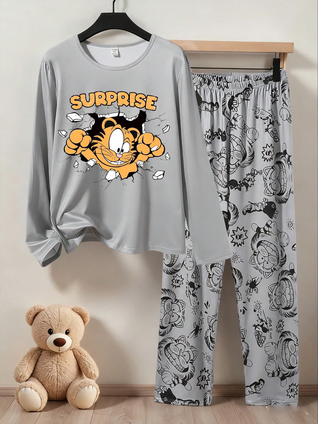2pcs Teenage Boys' Grey Tiger Graphic Print Knit Fabric Comfortable Soft Long Sleeve Top And Pants Casual Loungewear Set