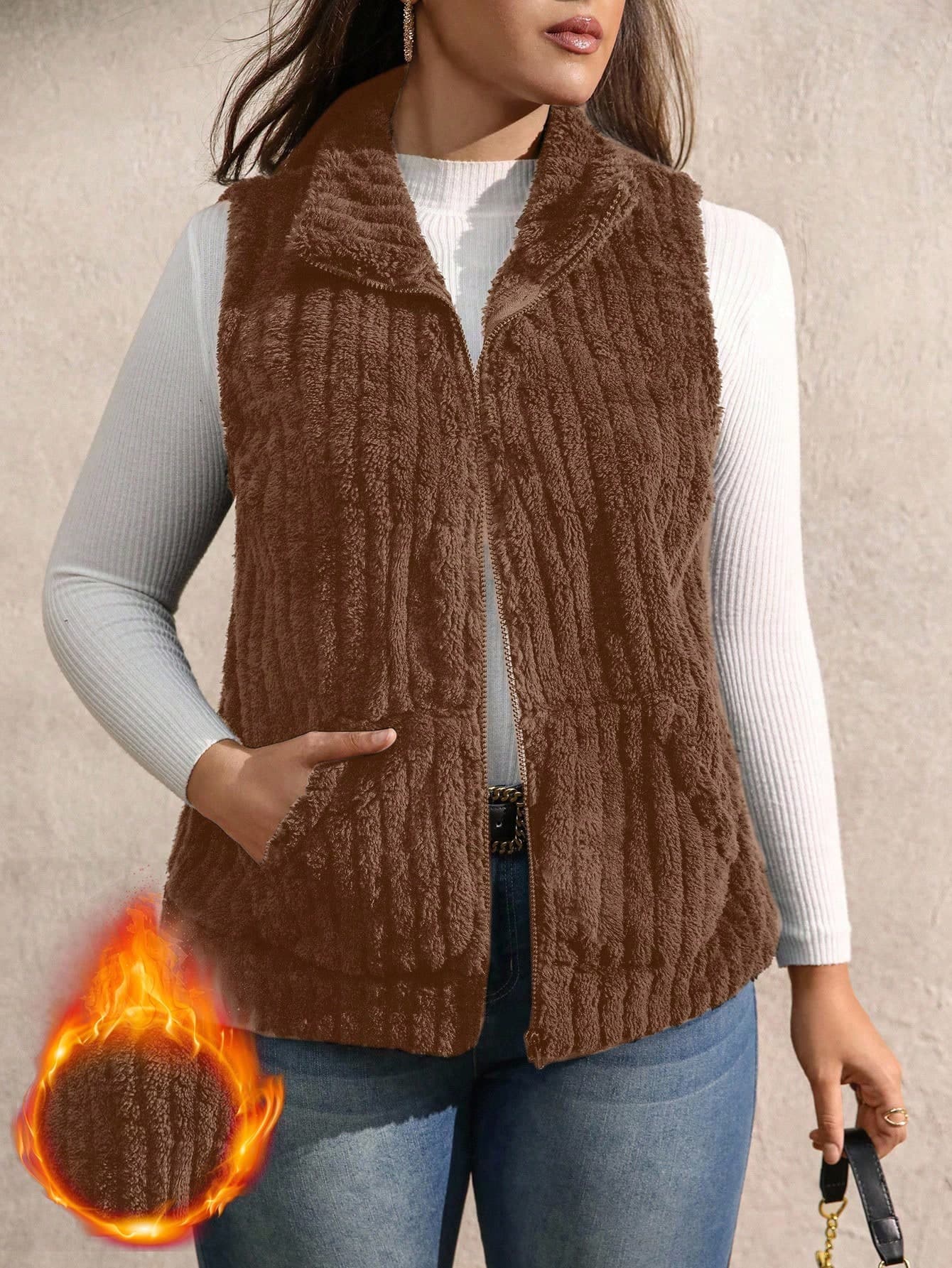 EMERY ROSE Plus Size Women Casual Zip-Up Stand Collar Vest Jacket, Autumn/Winter