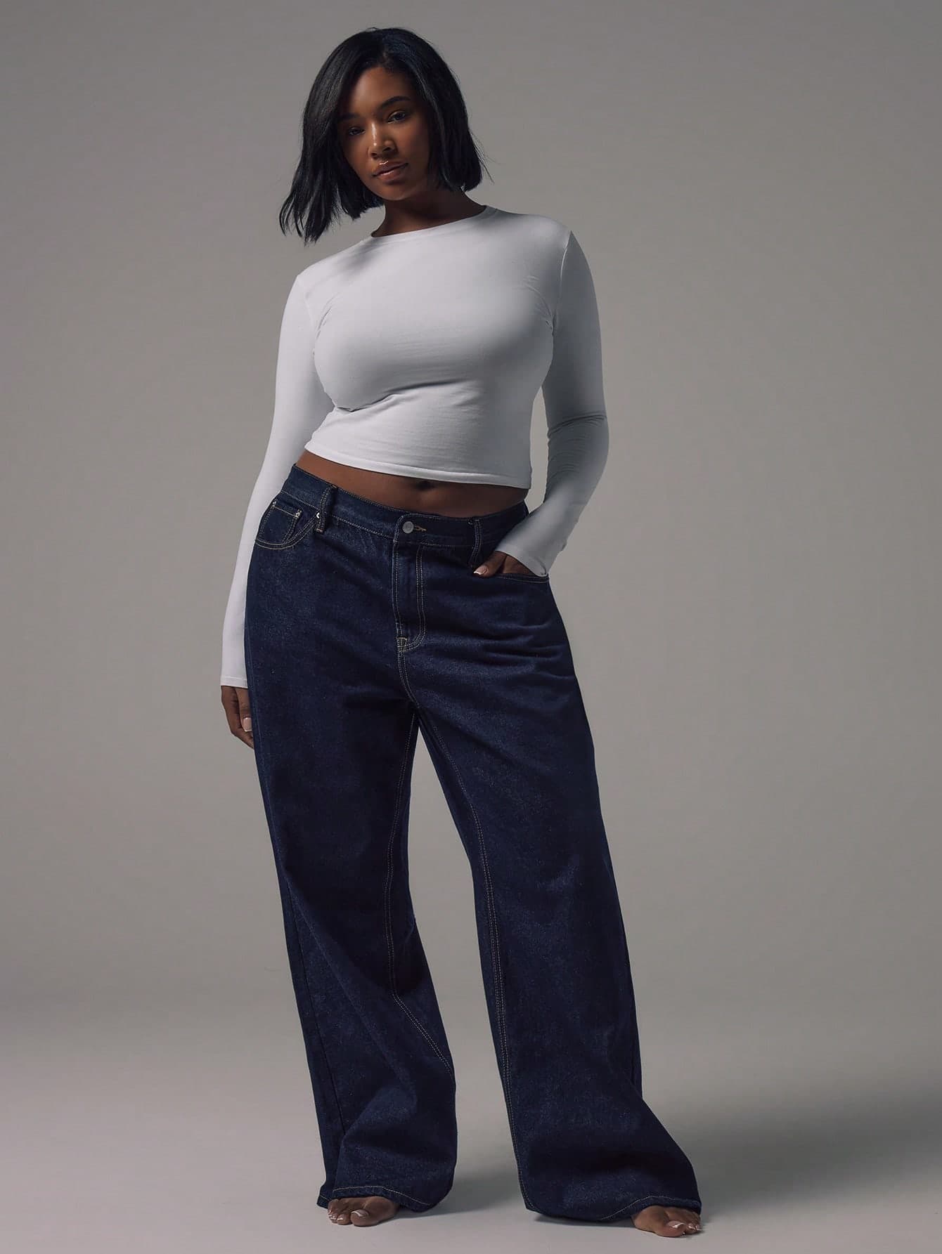MUSERA Plus Size Contrast Stitch Wide Leg Denim Jeans Everyday Streetstyle Casual Capsule Wardrobe Flattering