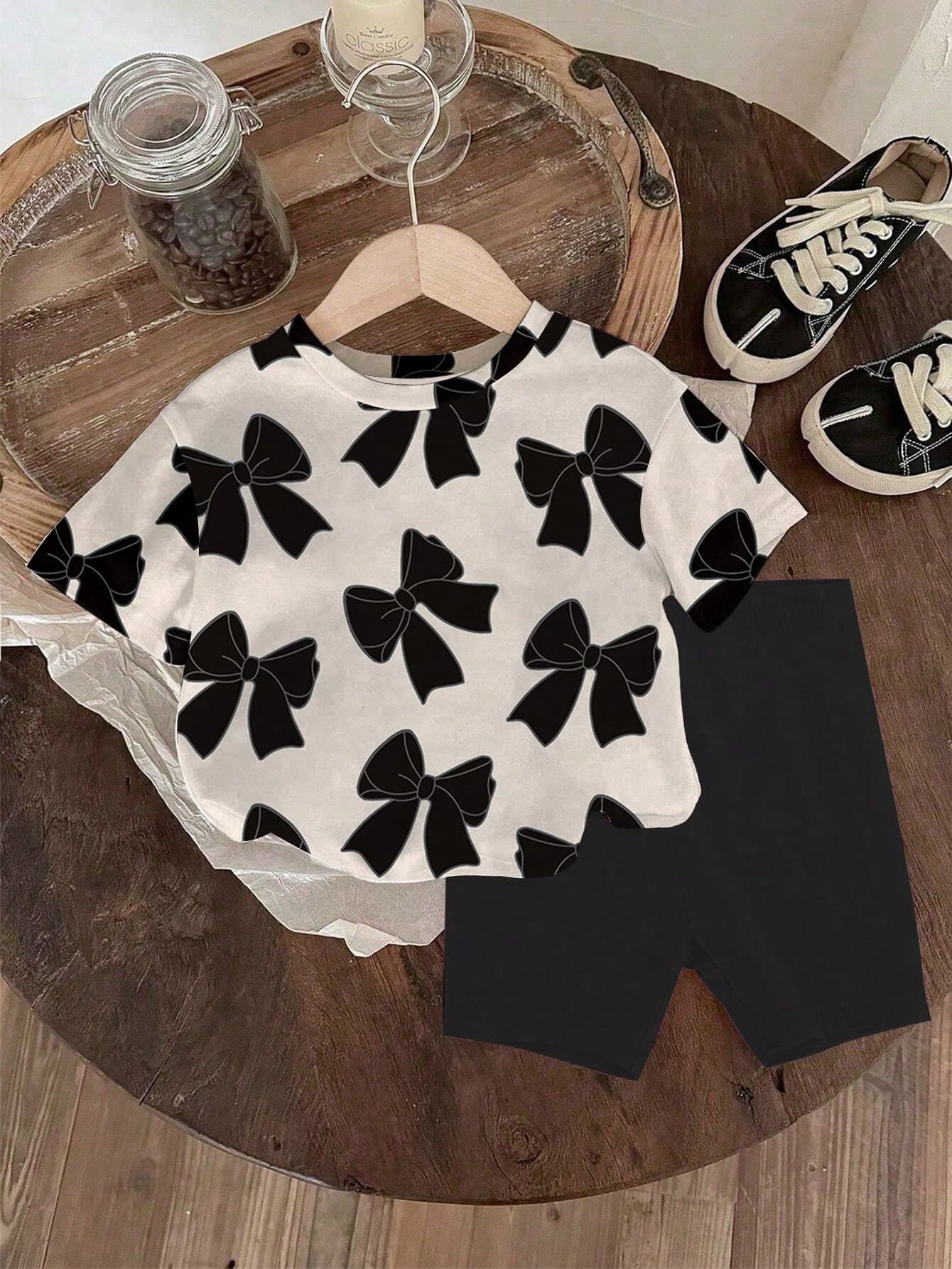 SHEIN Explorewe 2pcs Girls Casual Bow Print T-Shirt And Shorts Set, Summer