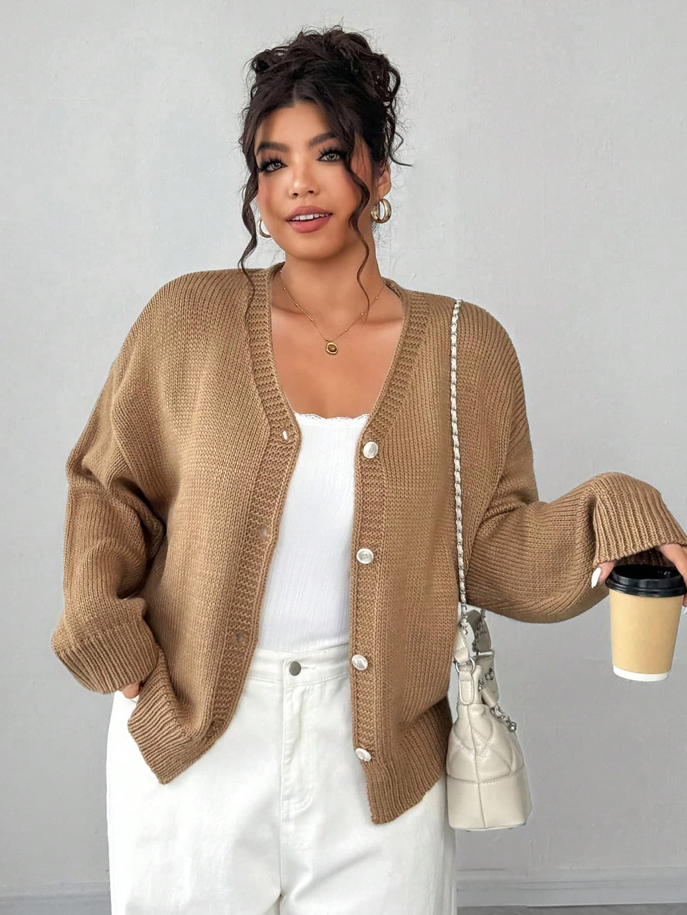 Dazy Plus Plus Size Women V-Neck Loose Long Sleeve Cardigan Sweater, Spring/Autumn Outerwear