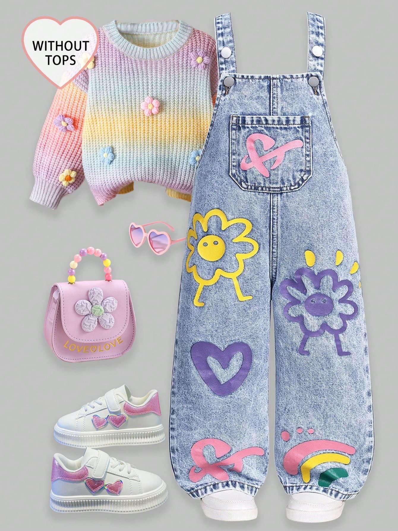 SHEIN ChillGRL Girls' New Floral, Heart, Rainbow Graffiti Fashion Casual Comfortable Soft Denim Jumpsuit Fall Winter
