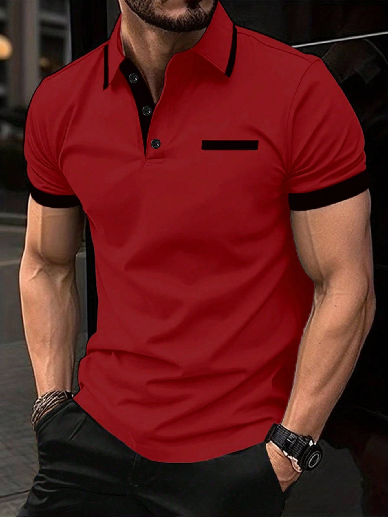 Manfinity Homme Men's Contrast Trim Casual Short Sleeve Polo Shirt, Summer Red For Men Golf Zipper And Black Cotton, Formal