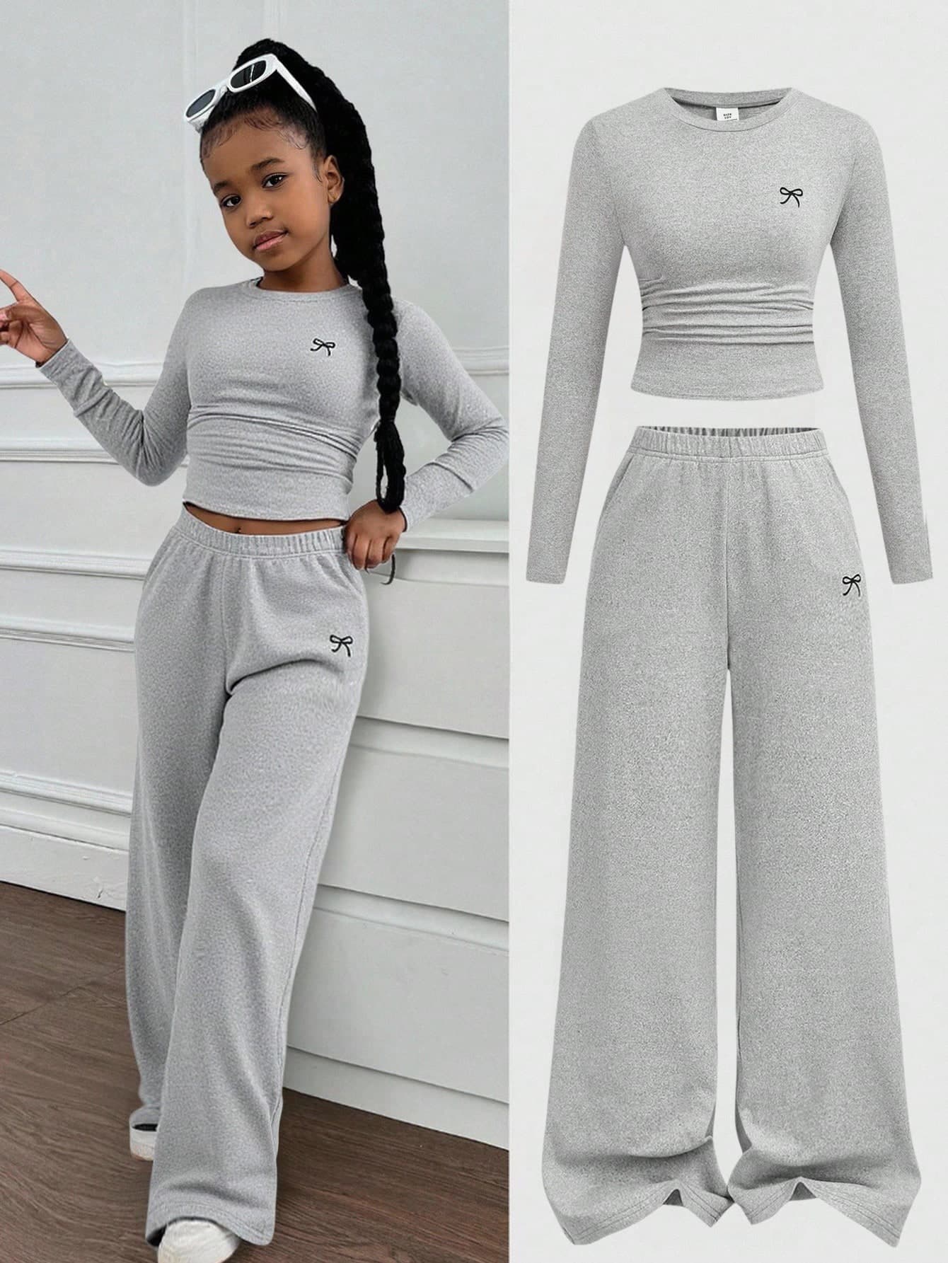 SHEIN Tween Girls Butterfly Pattern Long Sleeve Top & Pants 2 Pieces Set,Grey Autumn Casual Back-To-School Teen Crop Top Pants Outfit Halloween Christmas