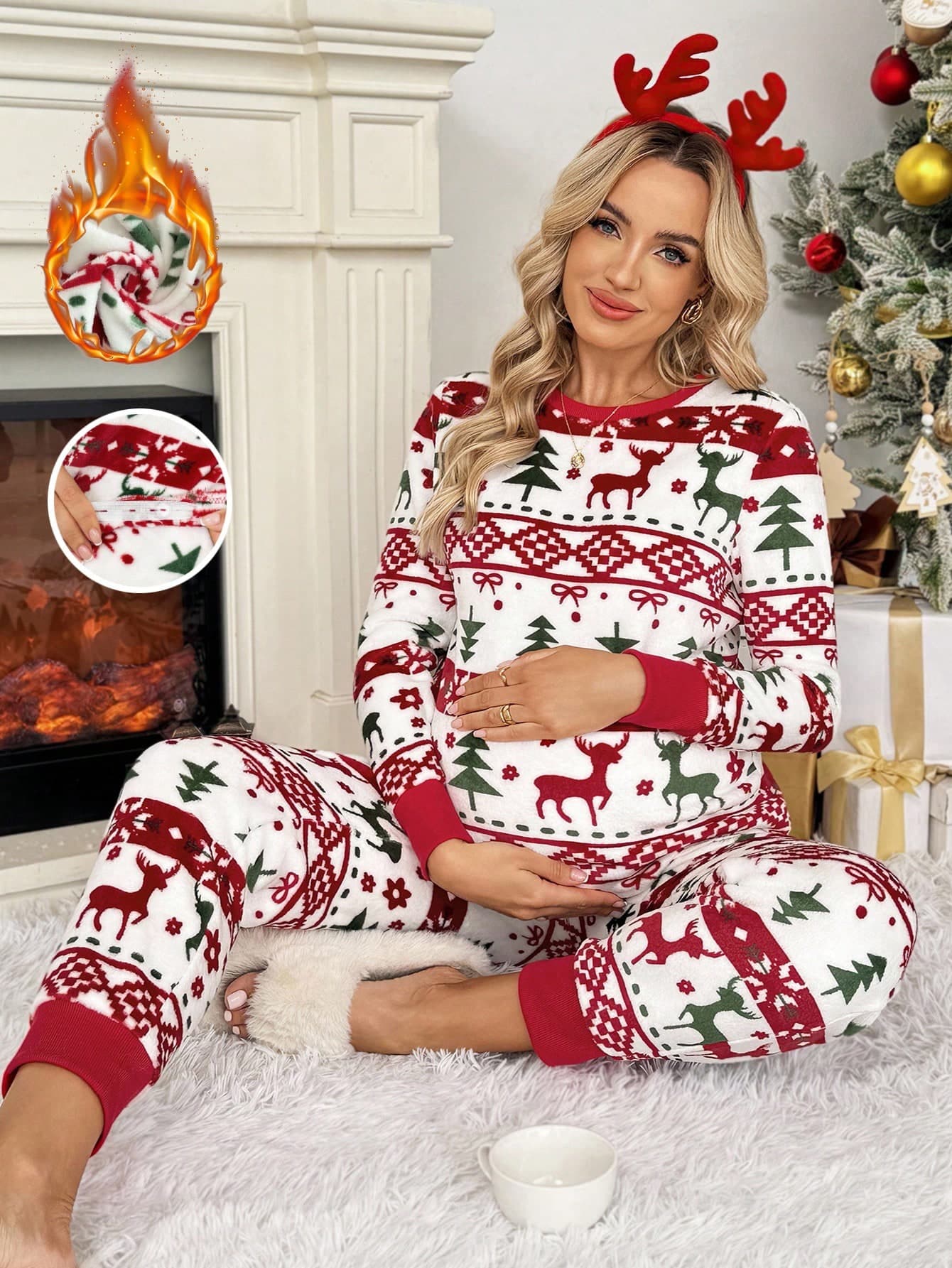 SHEIN 2pcs/Set Pregnant Women's Christmas Theme Print Long Sleeve Top And Pants, Autumn/Winter