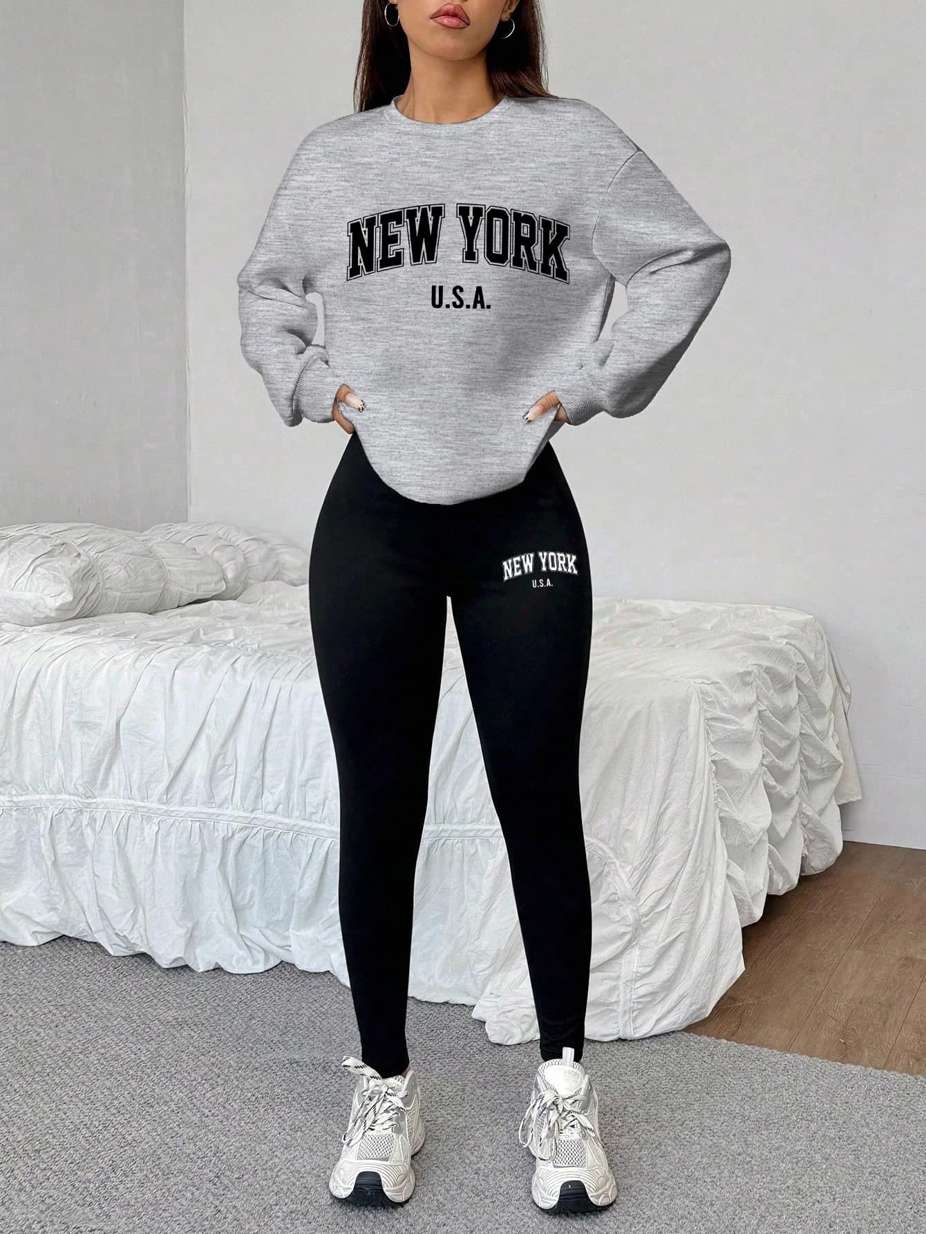 SHEIN EZwear 2pcs New York Graphic Print Loose Crew Neck Sweatshirt And Skinny Leggings Set, Spring/Autumn