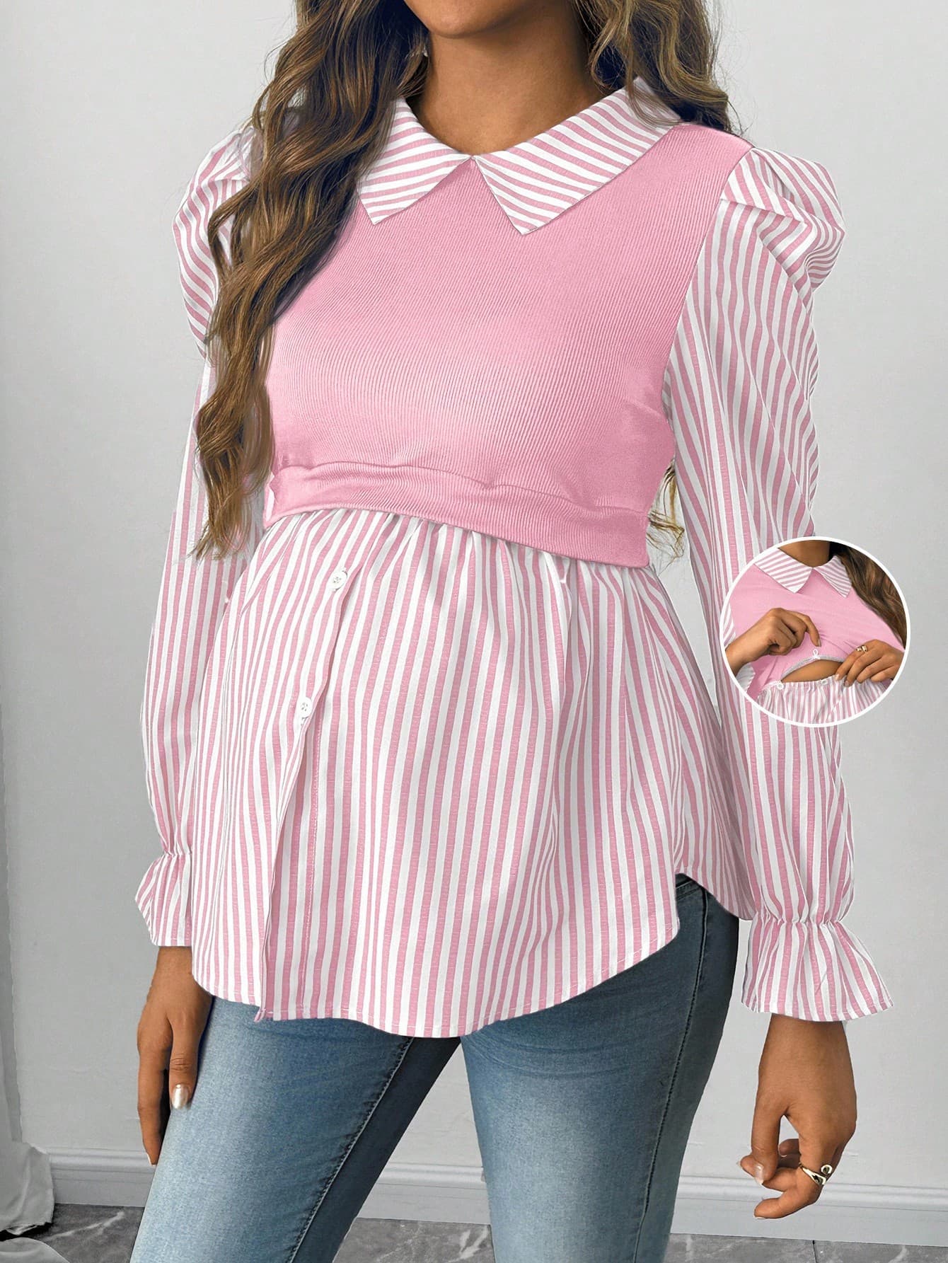 SHEIN Pink Striped Long Sleeve Nursing Top Autumn Baby Shower Fall