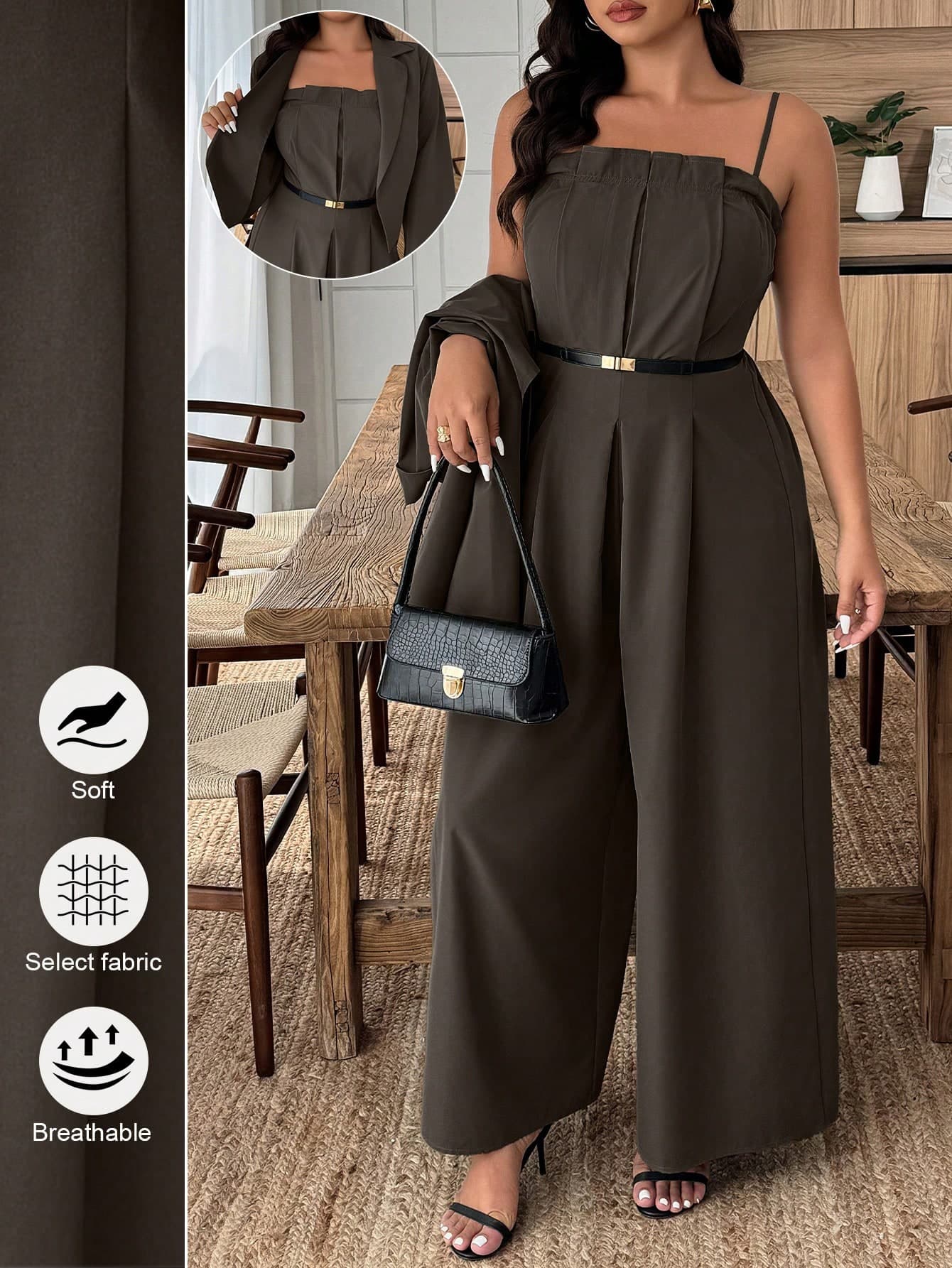 Weeklong Plus Size Women's Solid Color Lapel Collar Long Sleeve Blazer And Pleated Wide Leg Jumpsuit Casual 2-Piece Set, Autumn Fall