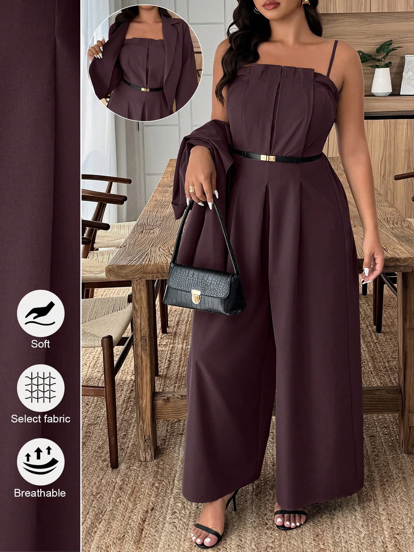 Weeklong Plus Size Solid Color Ruffle Strap Jumpsuit And Long Sleeve Jacket Elegant 2 Pieces Set Fall