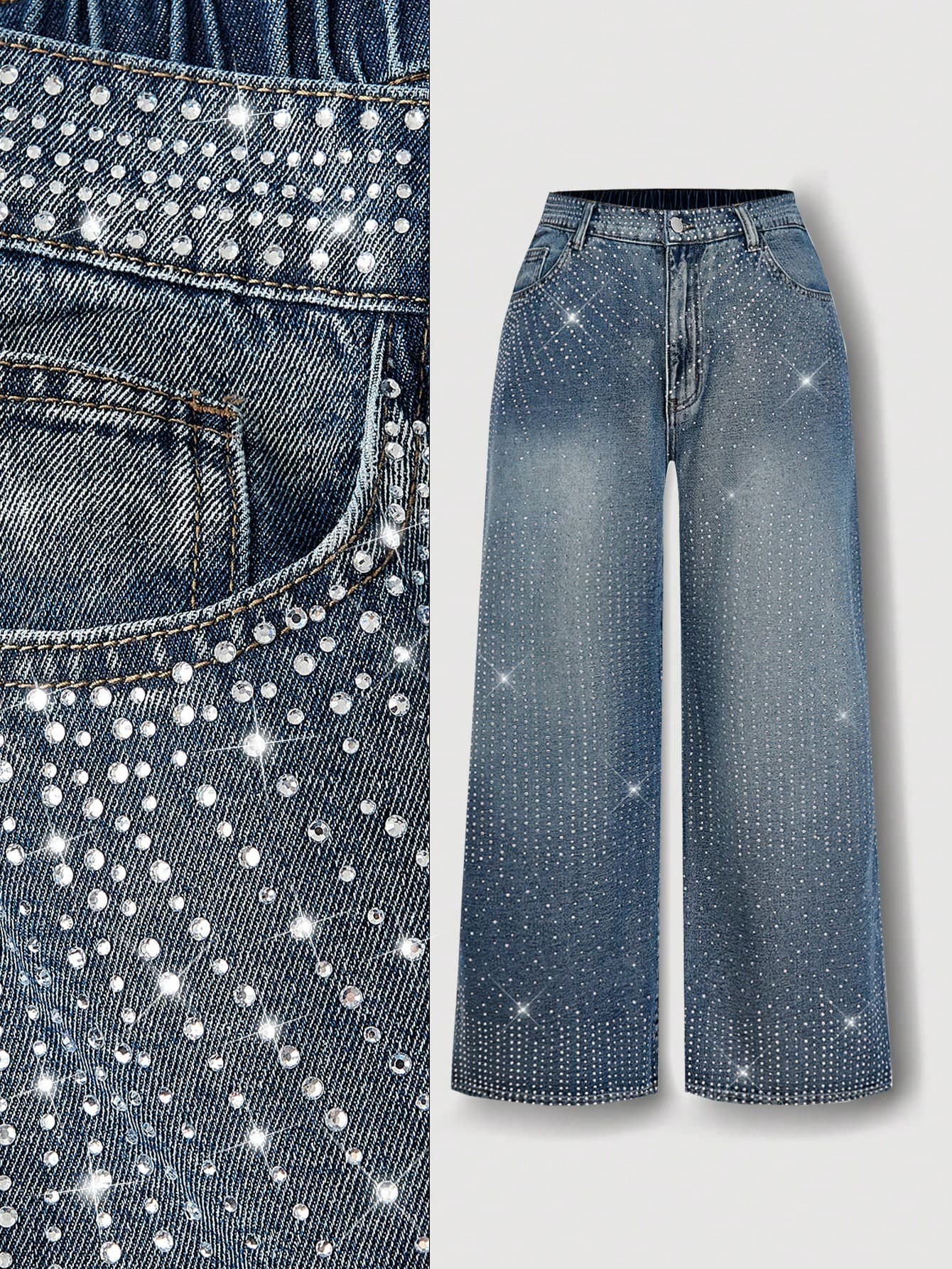 SHEIN MOD Women's Plus Size Rhinestone Wide Leg Denim Jeans,Light Blue Summer 90s Night Out Club Sparkly High Waist Loose Sequin Glitter Shiny Pants Christmas