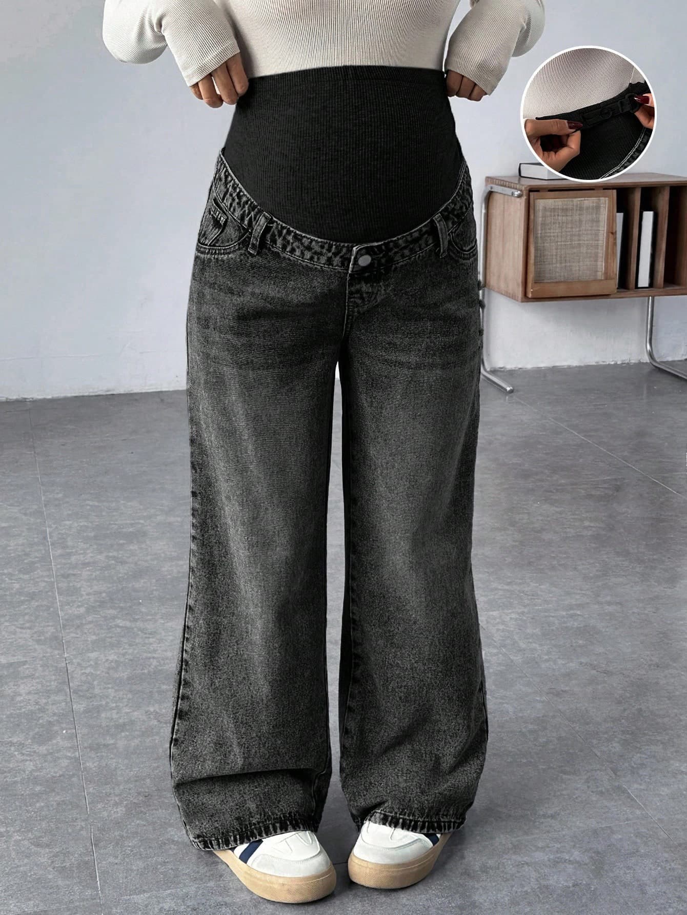 SHEIN Maternity Grey Knit Patchwork Vintage Blue Denim Loose Pants