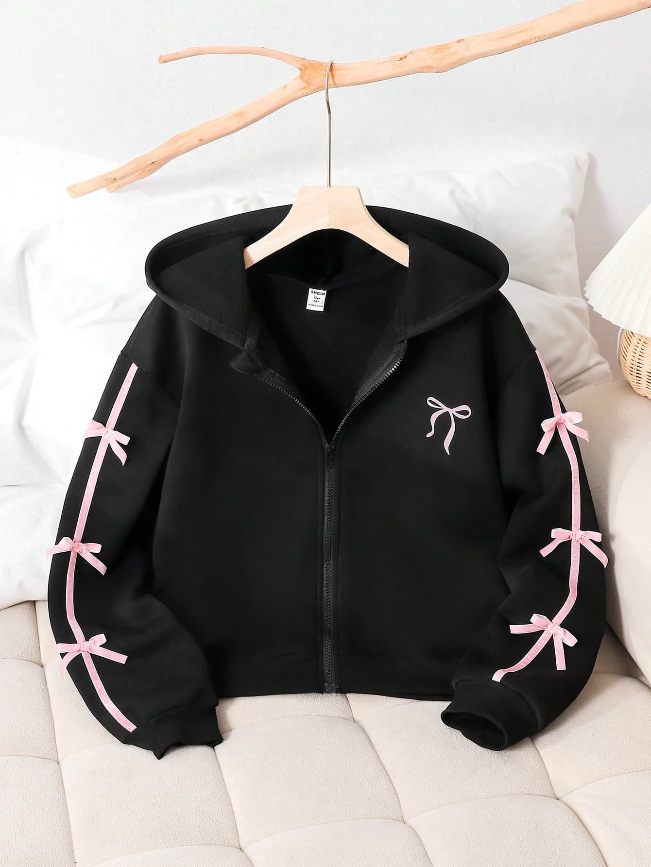Genkimix Kids Teenage Girls'cute Autumn Back-To-School Bow Sweatshirt Jacket,Fleece Fabric Stylish Sleeve Design,Matrix Dance Youthful Solid Color Fashionable