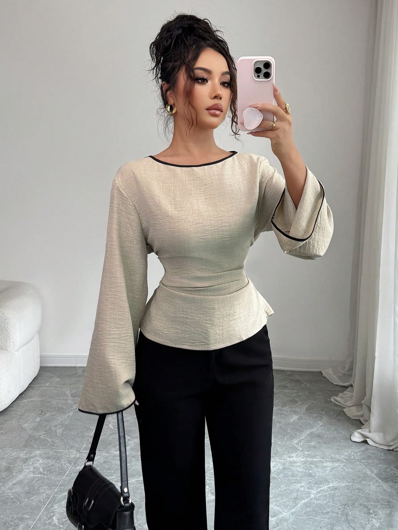 Siren Gaze Women's Round Neck Ruffle Cuff Flare Sleeve Pleated Fashion Blouse Winter Casual Spring
