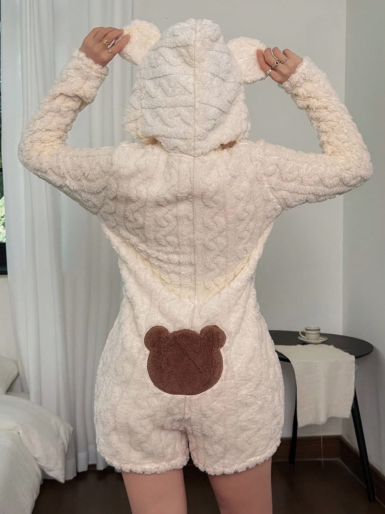 SHEIN Bear Embroidery Long Sleeve Animal Hooded Fluffy Pajamas Romper Cute Fuzzy Warm Teddy Bear Fluffy Pajamas, Fall Winter, Cozy