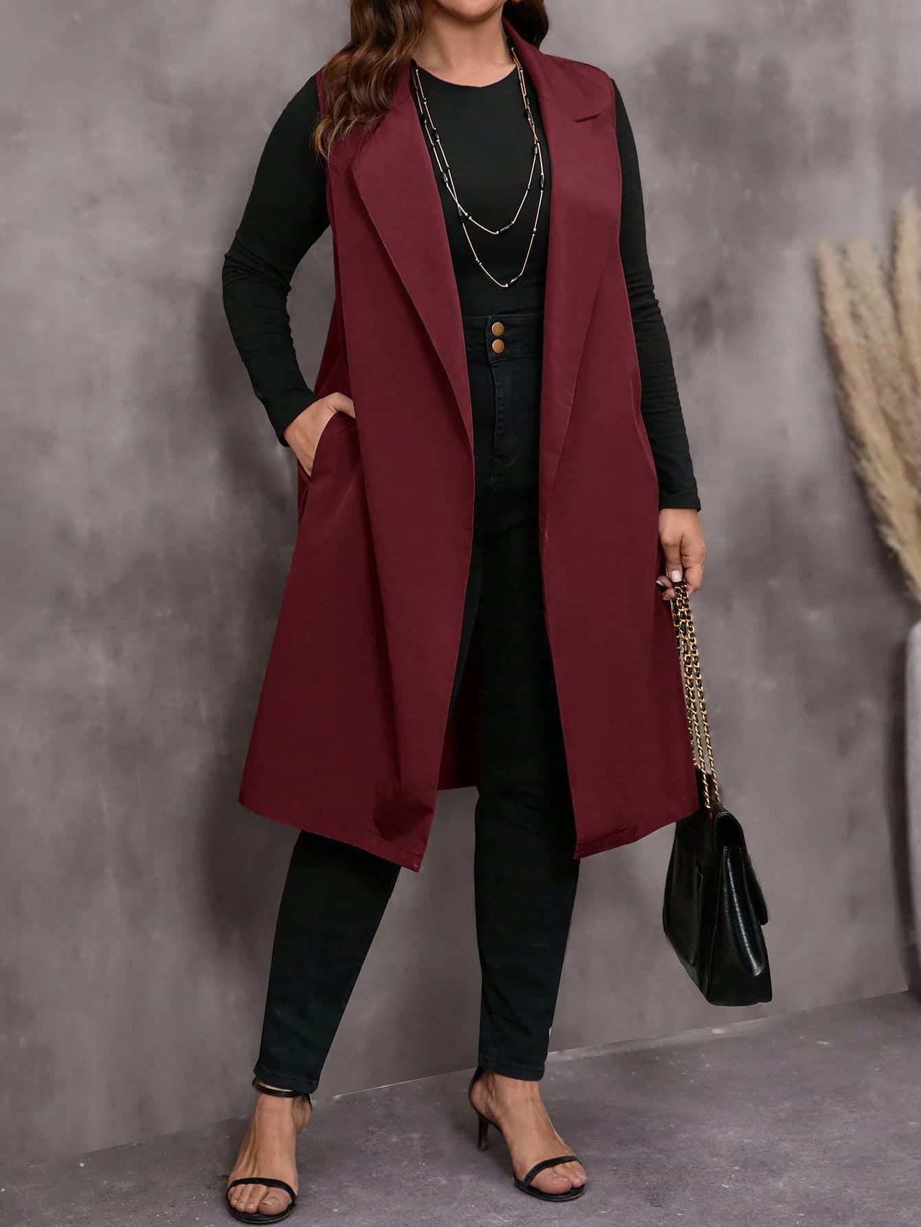 EMERY ROSE Plus Size Casual Solid Color Sleeveless Coat,Autumn,Elegant,Formal Christmas Party Winter Cozy Fall New Year ,2025 Simple Fashionable Wear