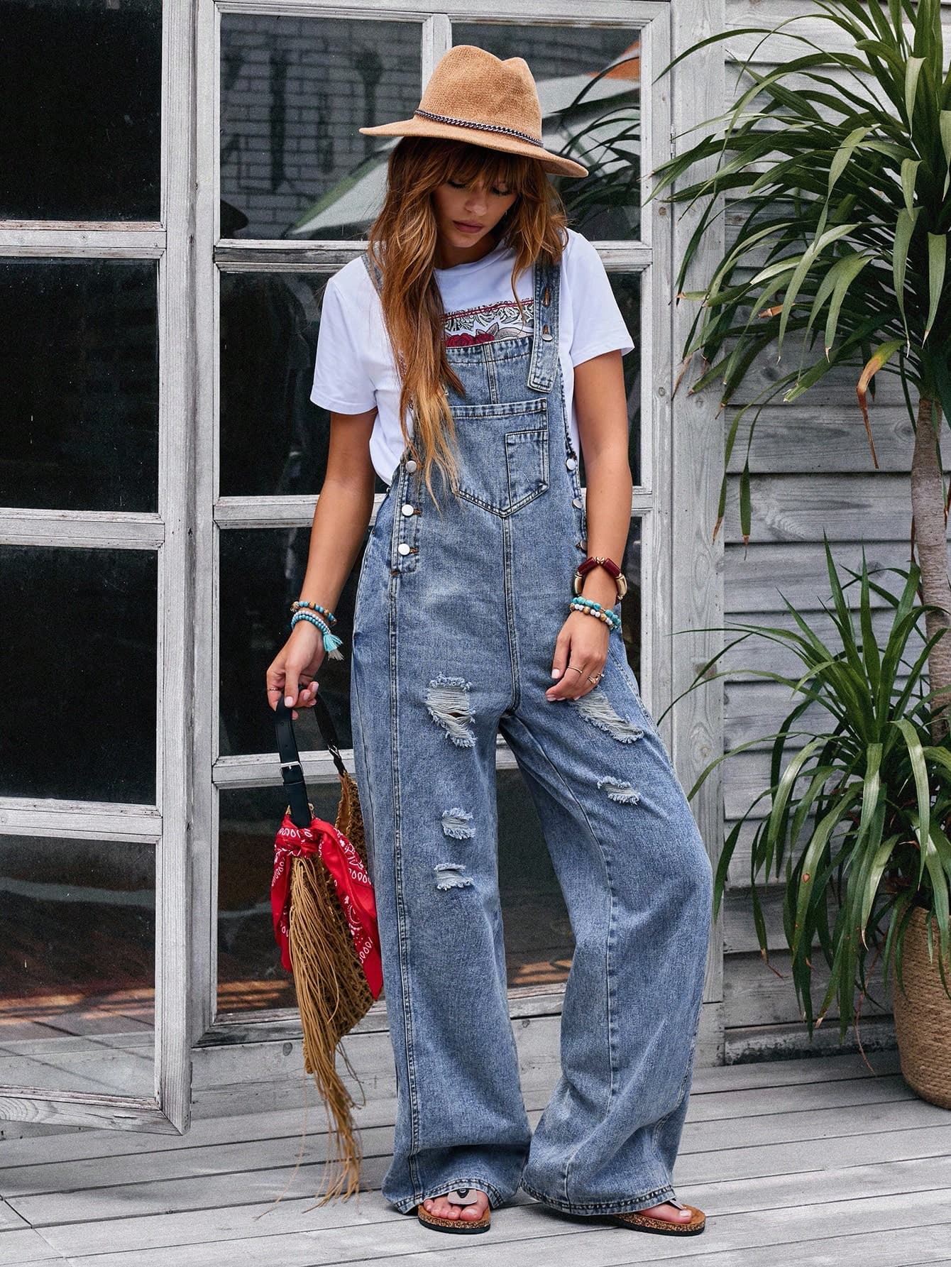 Flexra Women's Casual Washed Distressed Denim Bib Overalls