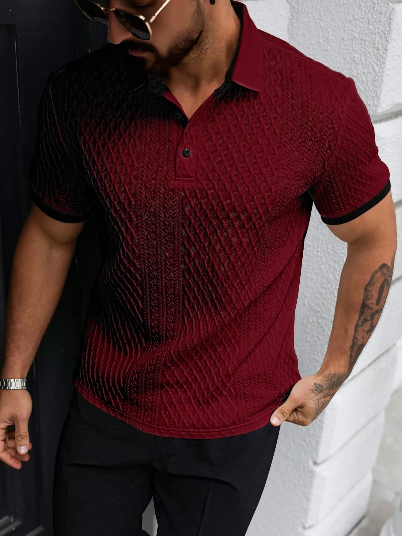 Manfinity Homme Men's Burgundy Short Sleeve Polo Shirt,Summer Casual Elegant Textured Knitted Golf Shirt,Minimalist Old Money Style For Night,Daily Work & Leisure