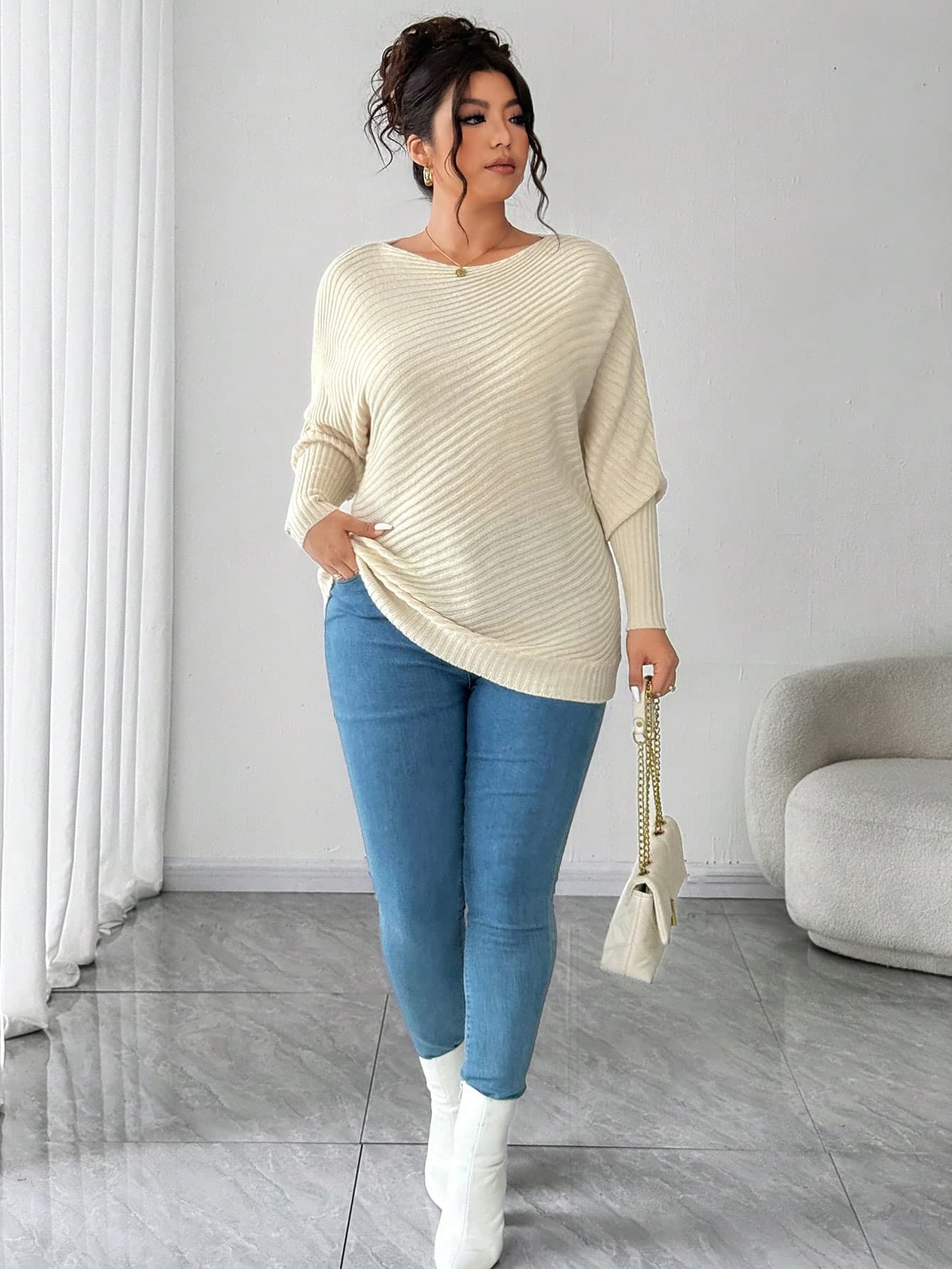 Elenzga Women's Casual Loose Plus Size Off-Shoulder Long Sleeve Sweater, Plus Size, Suitable For Outerwear, Winter