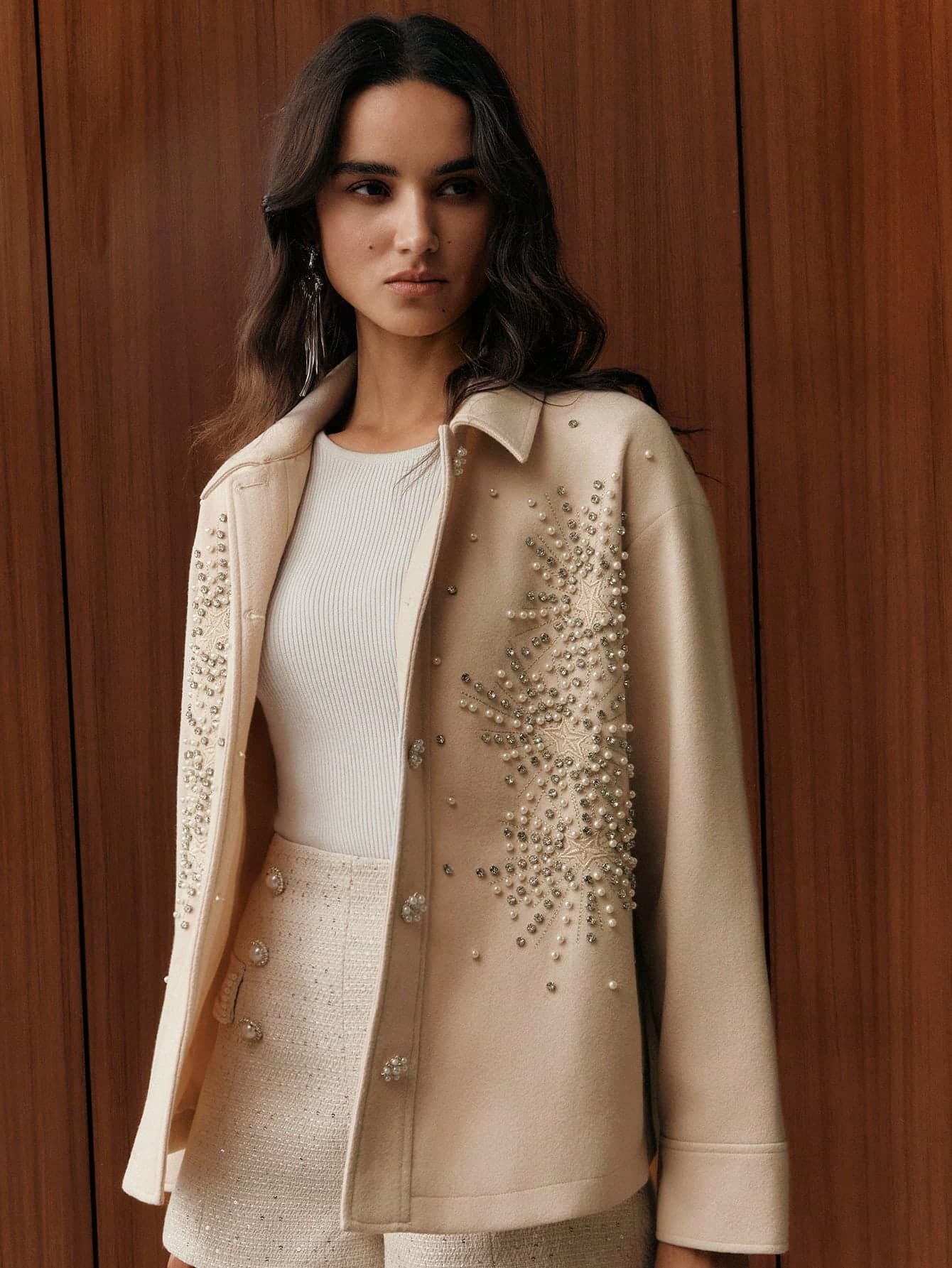 Anewsta Women's Embroidered & Beaded Long Sleeve Overcoat, Minimalist Design, Autumn/Winter