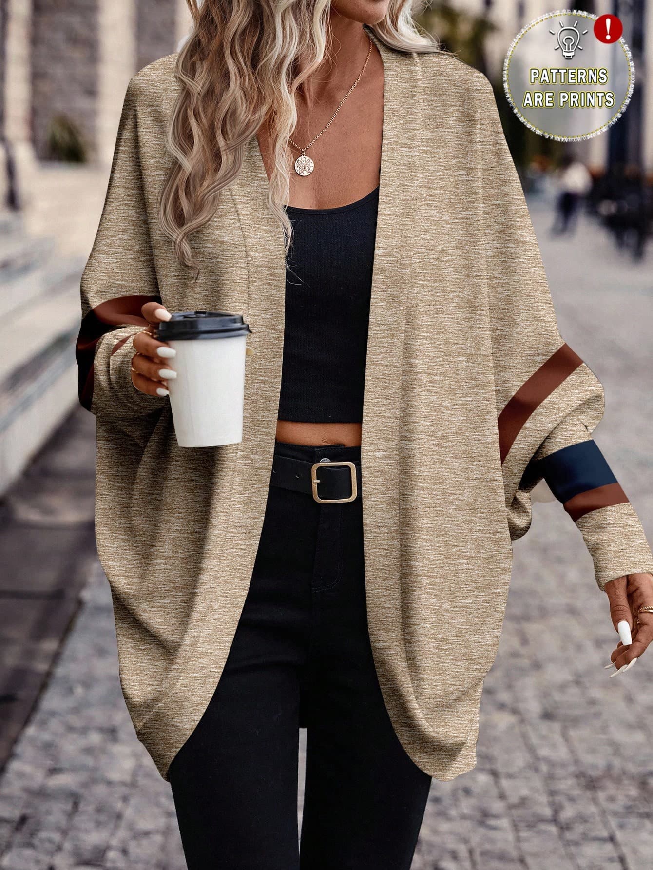 SHEIN Frenchy Women's Plus Size Khaki Striped Print Lightweight Jacket,Casual Open Front Raglan Long Sleeve Vintage Commuter Jacket For ,Autumn Spring Fall