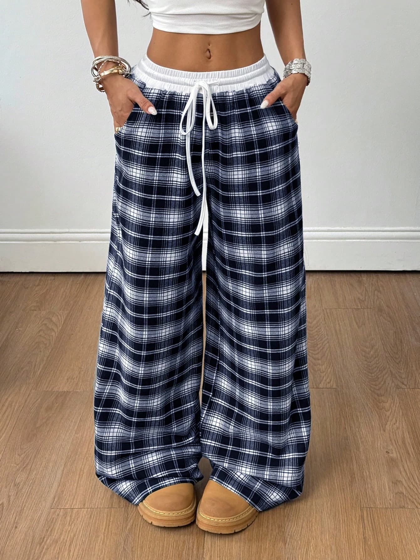 Coolane Women's Casual Loose Checked Wide Leg Pants,Fall,Fall Clothes For Women