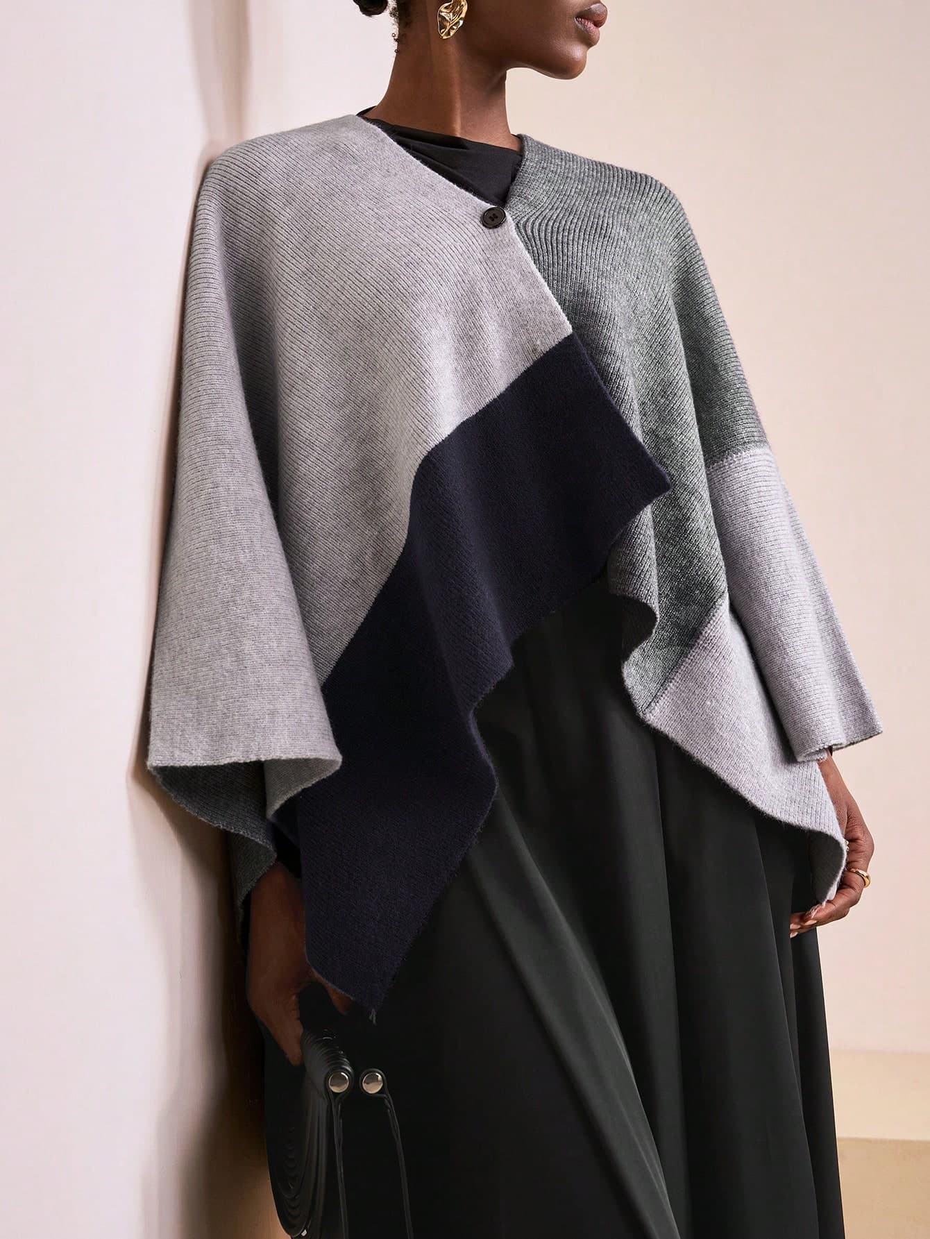Zivah Women's Gray Autumn Elegant Daytime Color Contrast Patchwork Layered Cape Knitted Scarf Sweater,French Grey Shawl Cape Style Outerwear Thickened