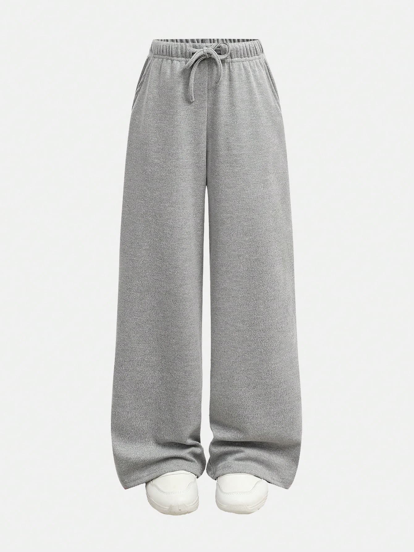 SHEIN Tween Girls' Loose Casual Minimalist Versatile Wide Leg Ribbed Knit Drawstring Sweatpants, Solid Color