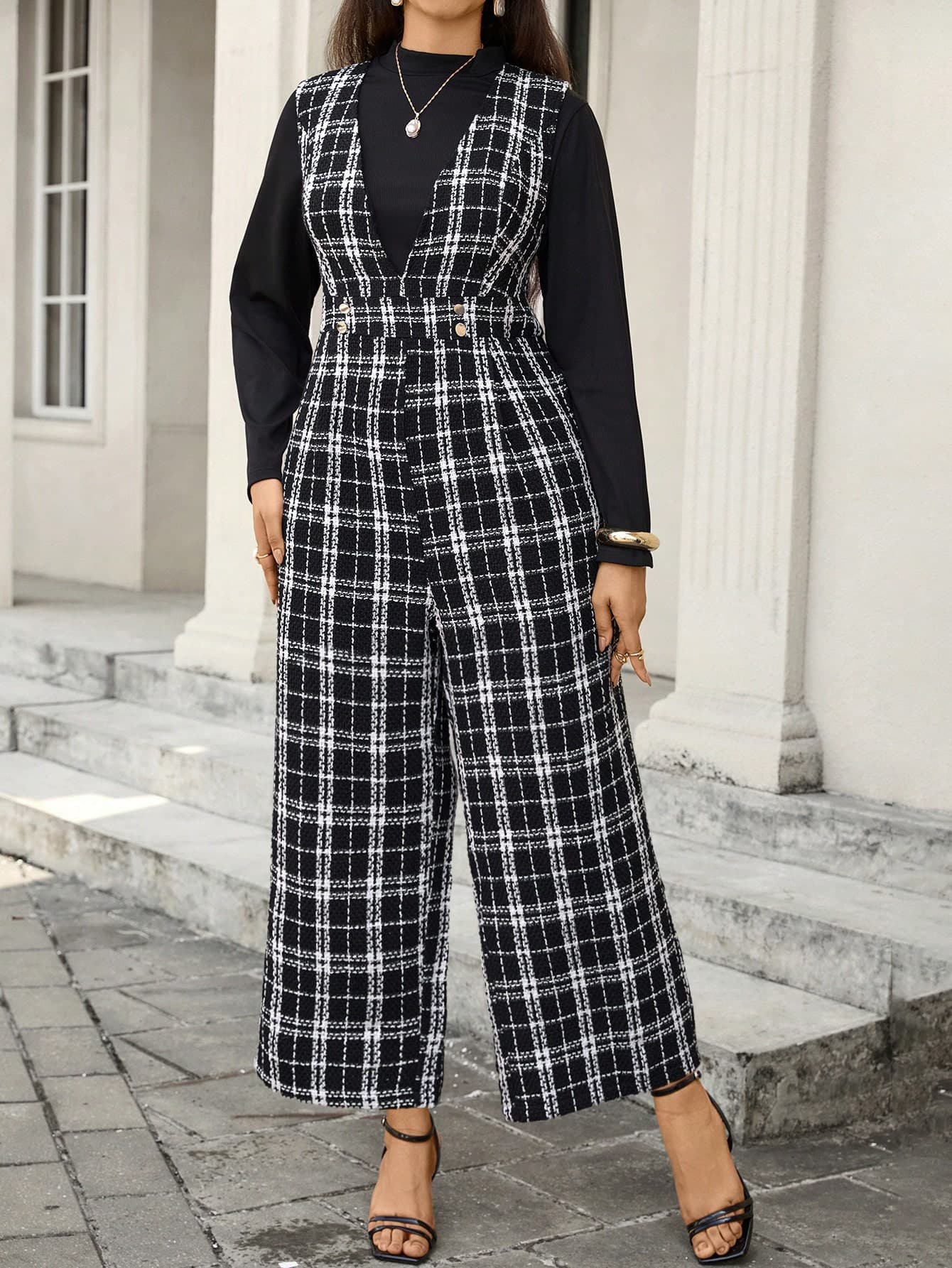 SHEIN LUNE Plus Size Fashionable Elegant Formal Black And White Plaid Sleeveless Jumpsuit For Women,Summer Back-To-School Commuter Christmas Party Outfit Set