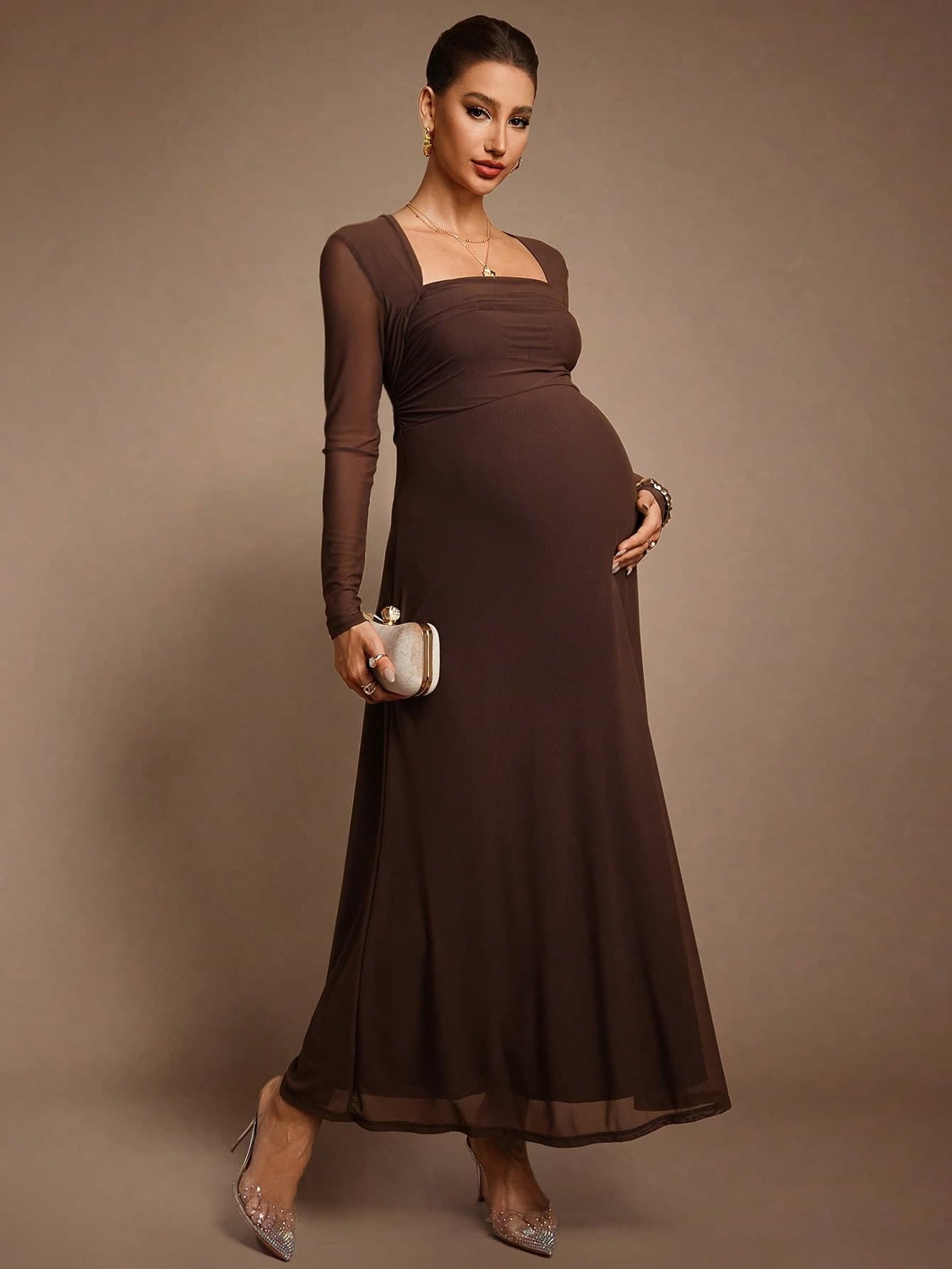 MaterniChic Autumn And Winter Maternity Solid Color Square Neck Regular Shoulder Long Sleeve Dress Sexy Maternity Dress Fall