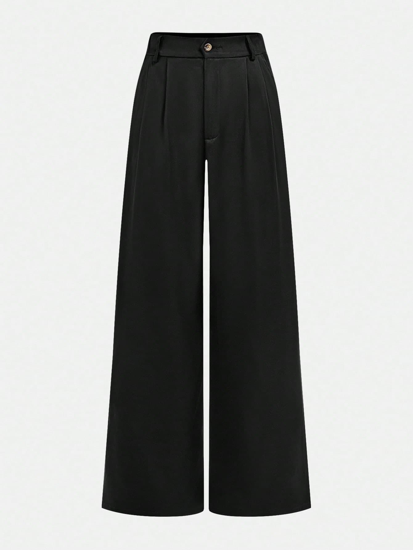 Girlism Teen Girls' Black Solid Woven Twill Slant Pocket Casual Open Front Wide Leg Pants, Winter Back To School Clean Girl Commute Trousers For Spring Fall