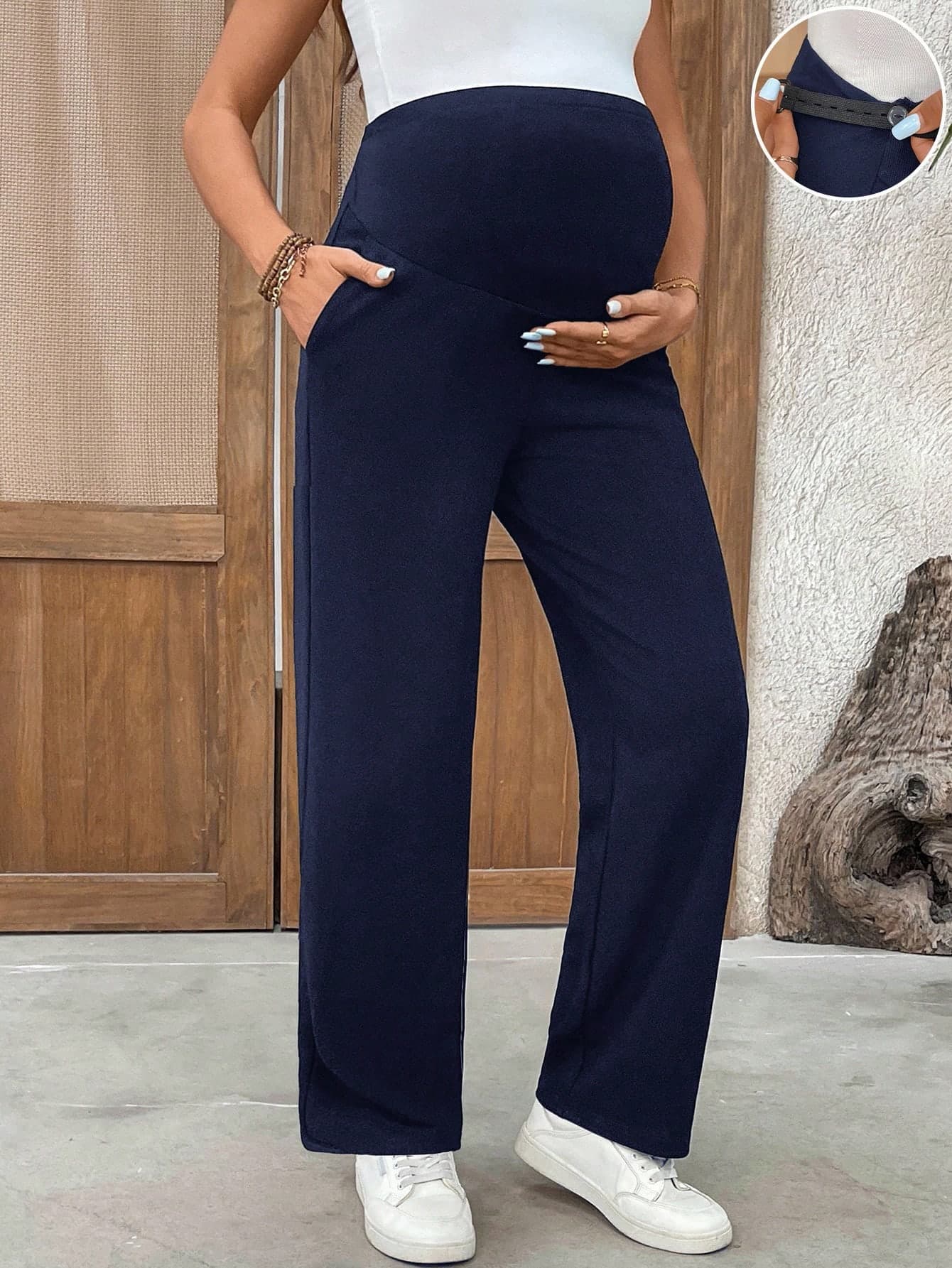 SHEIN Maternity Casual Solid Color Adjustable Waist Pants Fall