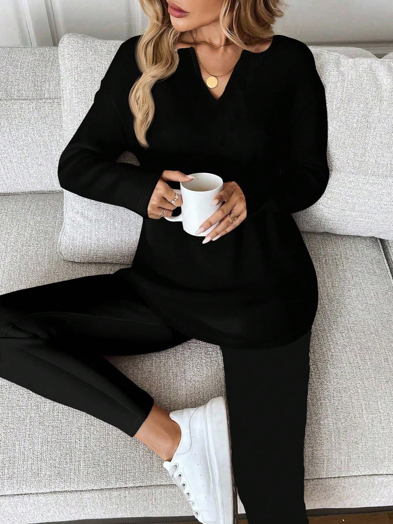 EMERY ROSE Plus Size Solid Color V-Neck Long Sleeve Top And Pants 2 Pieces Set Women Black,Autumn,Smart Casual,Everyday Lounge Sets Jumpsuits Suits